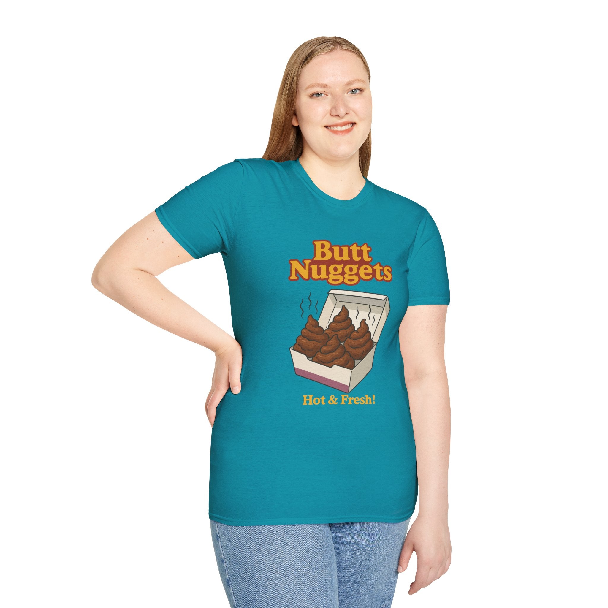Butt Nuggets Funny Unisex Softstyle T-Shirt, Chicken Poop Pun Tee, Hilarious Wordplay Apparel, Comfy Graphic Shirt, Unisex Shirt for Joke