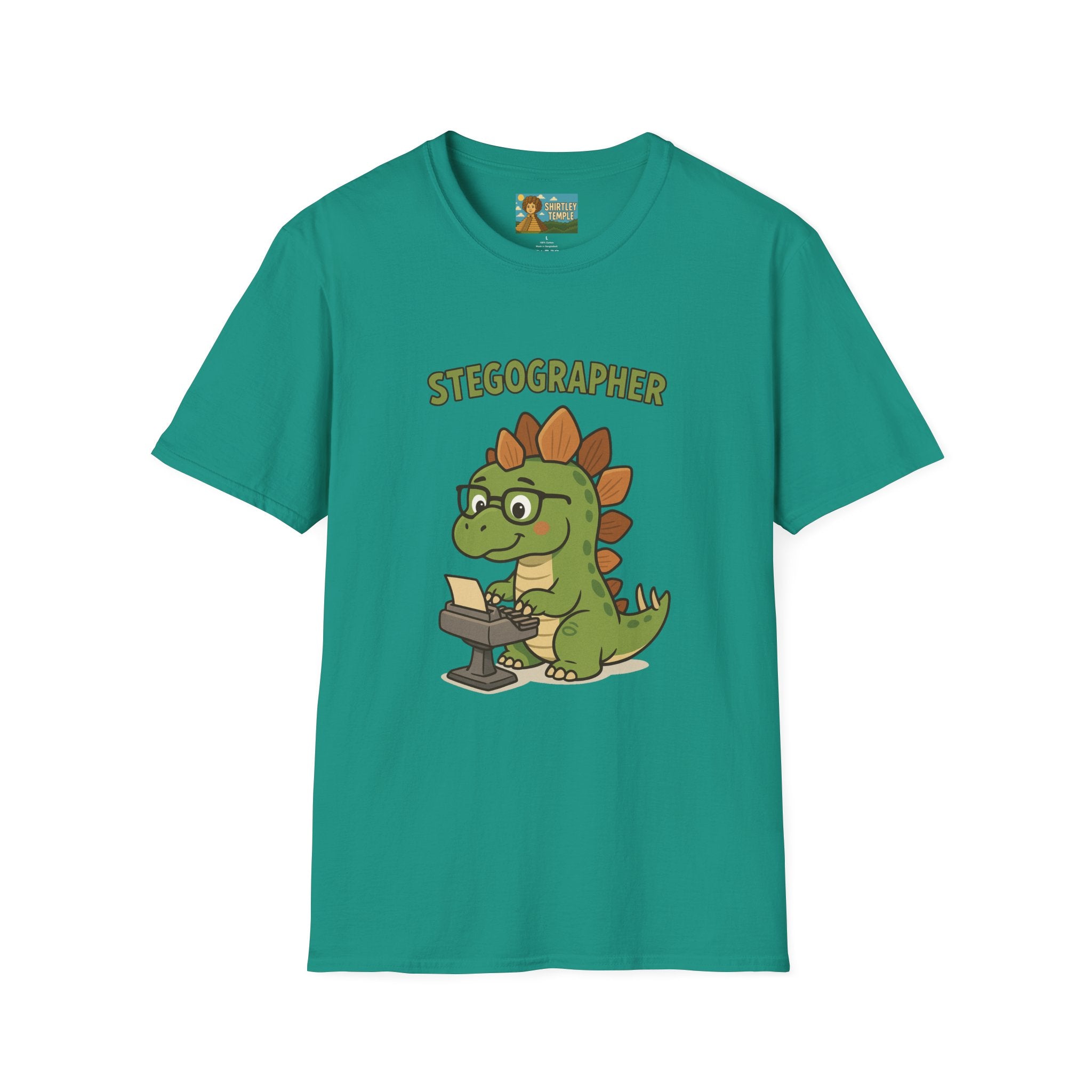 Stegographer Funny Stegosaurus Stenographer Mashup Softstyle Tee, Dino Wordplay Shirt, Unisex Tshirt Gift, Office tee for Dinosaur
