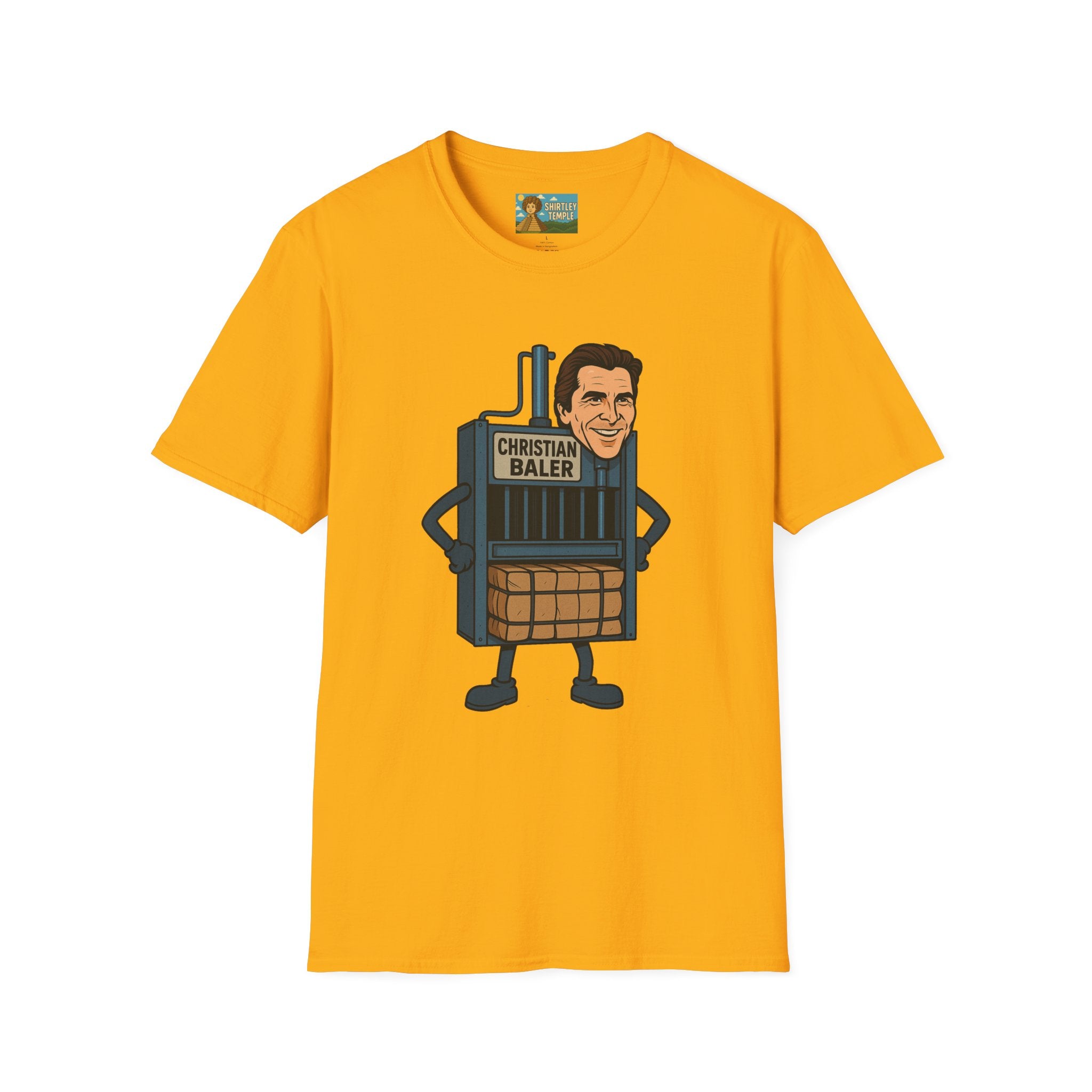 Christian Baler Funny Shirt, Parody Tee, Unisex Softstyle T-Shirt, Comedy Mashup Top, Christian Bale Cardboard Baler Machine, Gift for Movie
