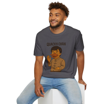 Quacky Chan Funny T-Shirt, Jackie Chan Duck Mashup Tee, Martial Arts Quack Movie Star Shirt, Comedy Parody Apparel, Unisex Softstyle Top