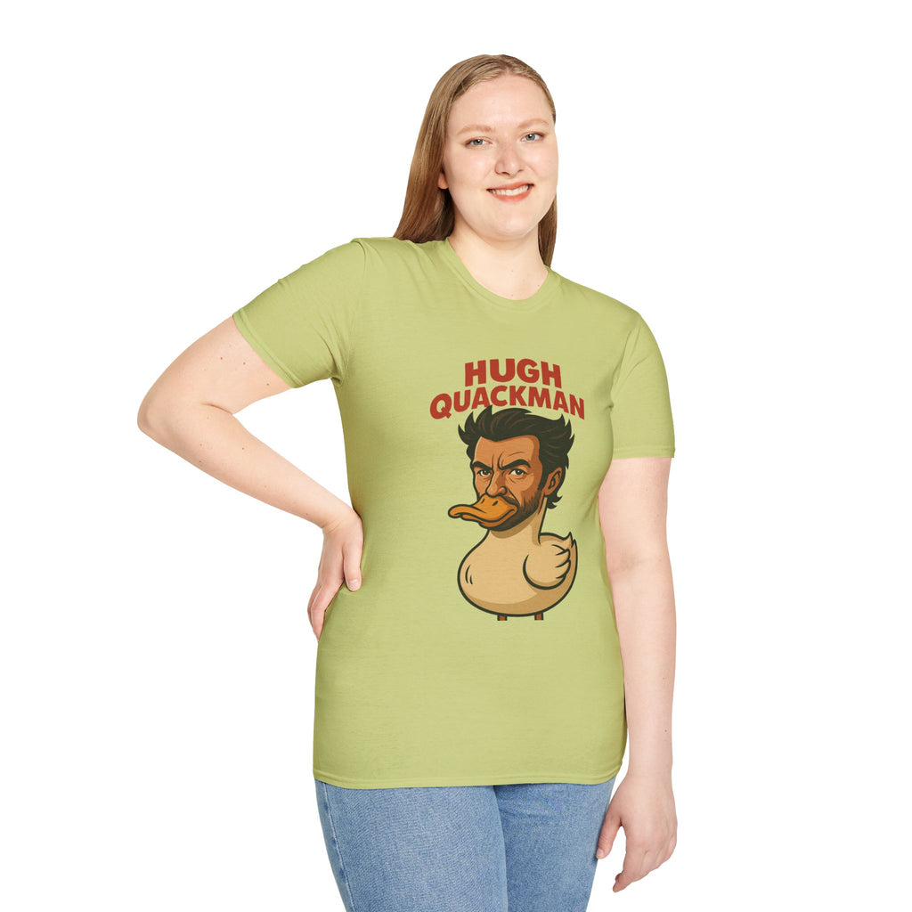 Hugh Quackman Funny Shirt, Parody Apparel, Hugh Jackman Duck Tee, Comedy Tribute, Wordplay Mashup, Unisex Softstyle T-Shirt