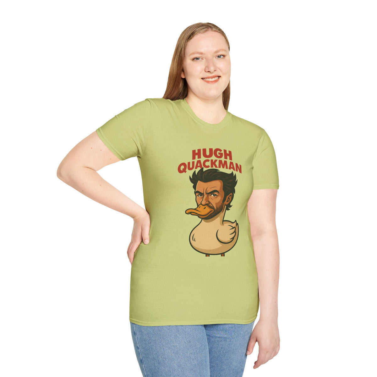 Hugh Quackman Funny Shirt, Parody Apparel, Hugh Jackman Duck Tee, Comedy Tribute, Wordplay Mashup, Unisex Softstyle T-Shirt