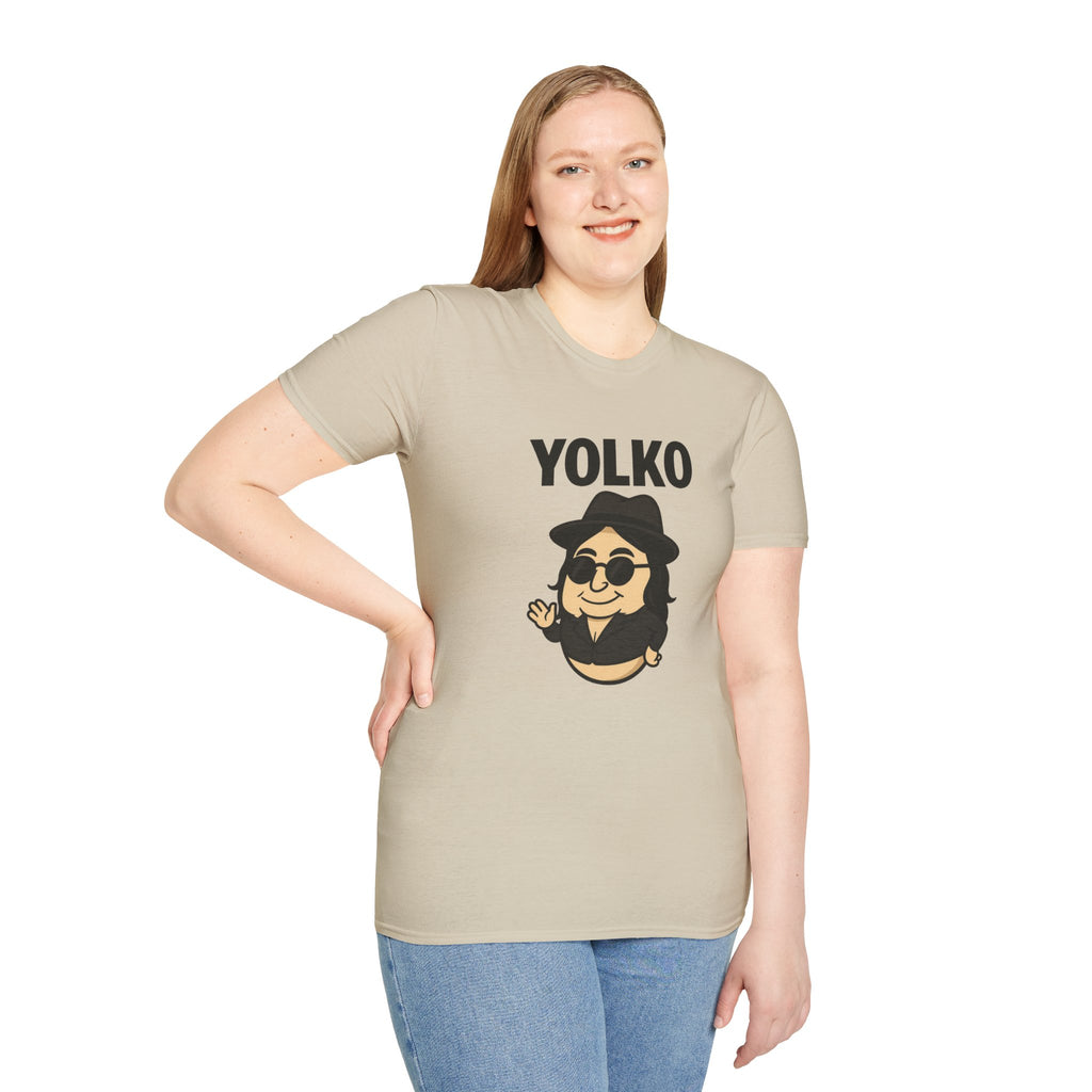 Yolko Funny Parody Unisex Softstyle T-Shirt, Egg Wordplay Tee, Humorous Yoko Tribute Shirt, Novelty Graphic Top, Comical Musician Fan Gift