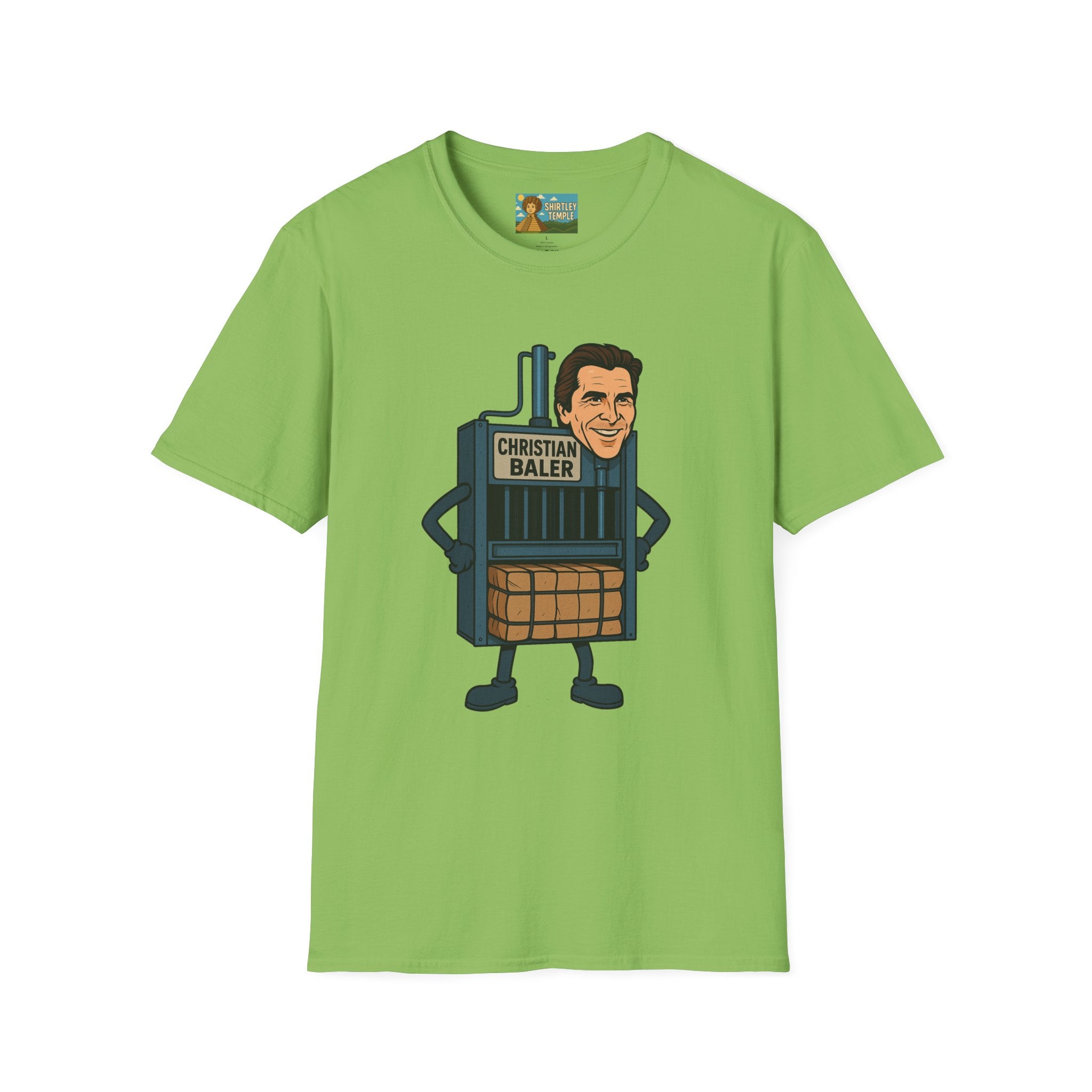 Christian Baler Funny Shirt, Parody Tee, Unisex Softstyle T-Shirt, Comedy Mashup Top, Christian Bale Cardboard Baler Machine, Gift for Movie