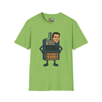 Christian Baler Funny Shirt, Parody Tee, Unisex Softstyle T-Shirt, Comedy Mashup Top, Christian Bale Cardboard Baler Machine, Gift for Movie
