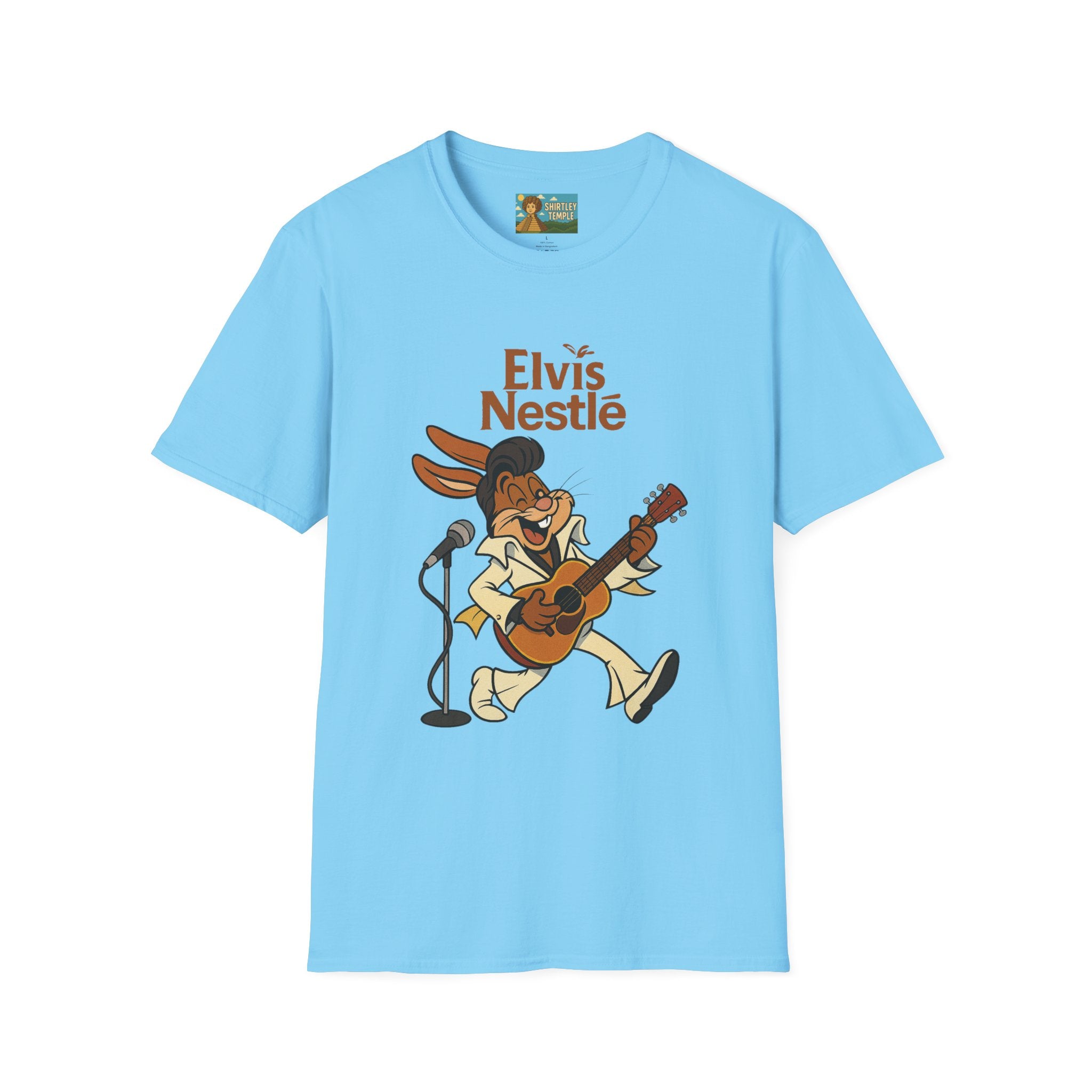 Elvis Nestle Mashup T-Shirt, Rock and Roll Rabbit Funny Tribute Tee, Musician Food Mascot Parody Shirt