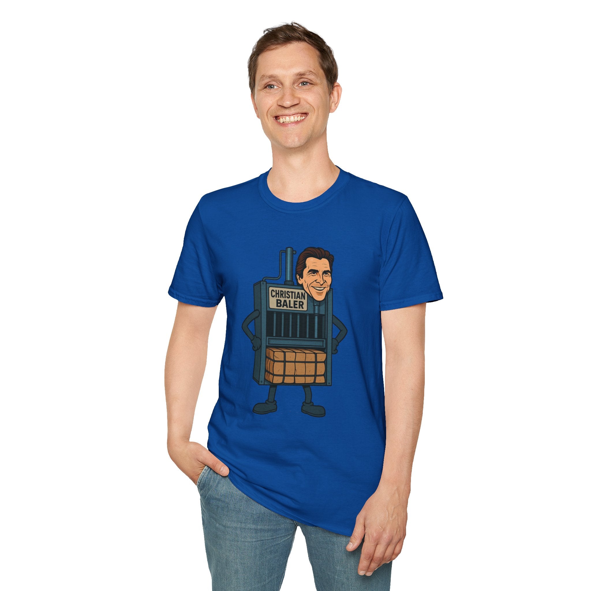 Christian Baler Funny Shirt, Parody Tee, Unisex Softstyle T-Shirt, Comedy Mashup Top, Christian Bale Cardboard Baler Machine, Gift for Movie
