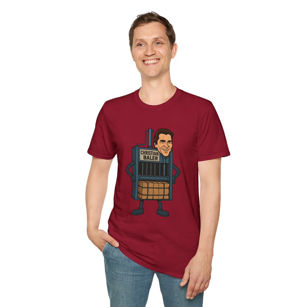Christian Baler Funny Shirt, Parody Tee, Unisex Softstyle T-Shirt, Comedy Mashup Top, Christian Bale Cardboard Baler Machine, Gift for Movie