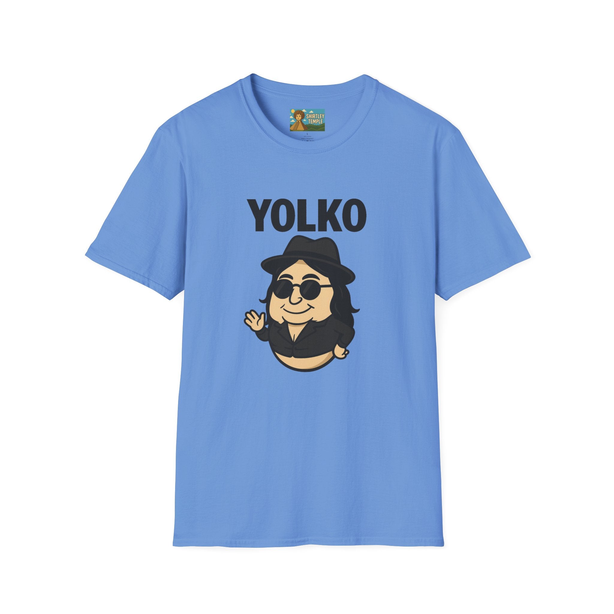 Yolko Funny Parody Unisex Softstyle T-Shirt, Egg Wordplay Tee, Humorous Yoko Tribute Shirt, Novelty Graphic Top, Comical Musician Fan Gift