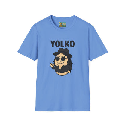 Yolko Funny Parody Unisex Softstyle T-Shirt, Egg Wordplay Tee, Humorous Yoko Tribute Shirt, Novelty Graphic Top, Comical Musician Fan Gift