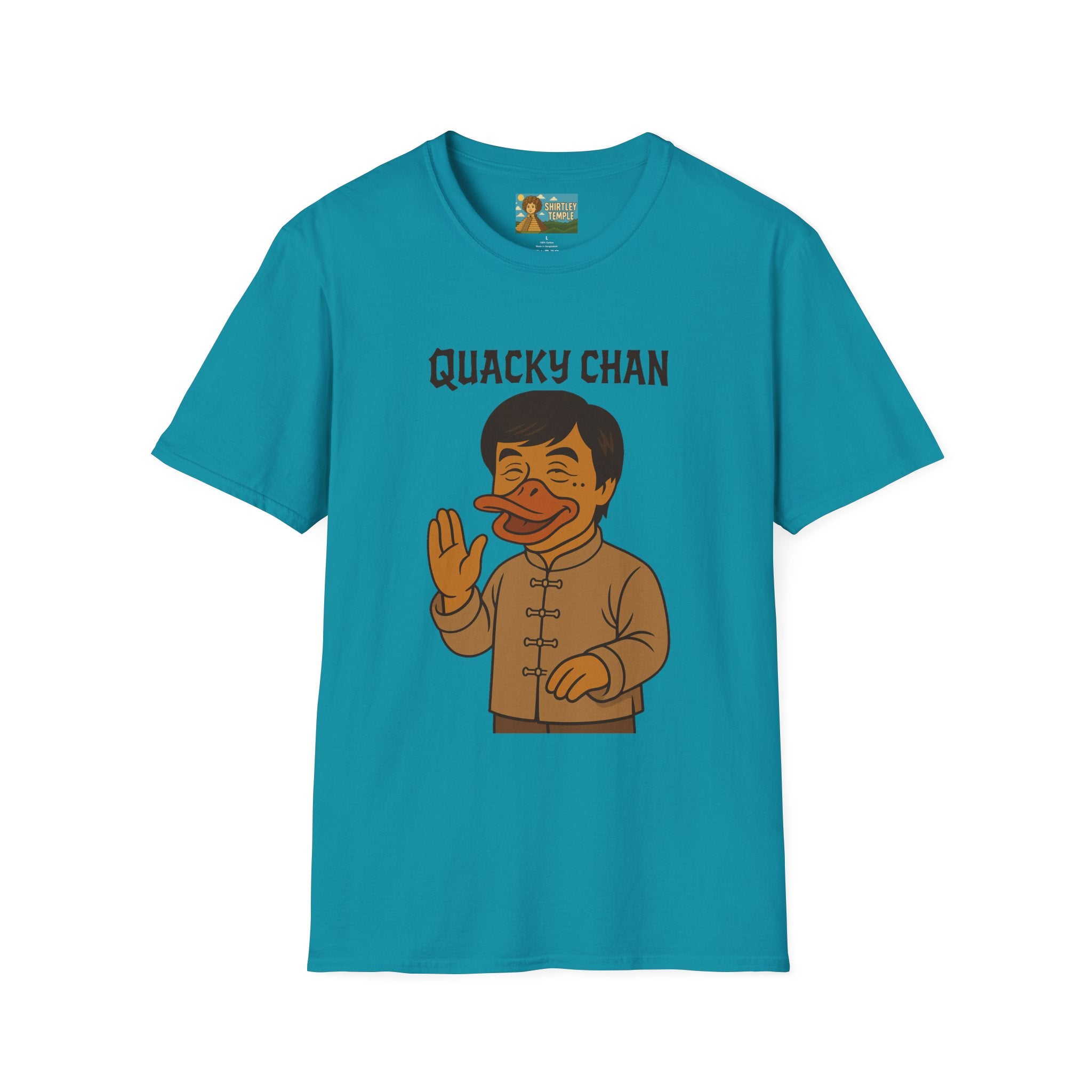 Quacky Chan Funny T-Shirt, Jackie Chan Duck Mashup Tee, Martial Arts Quack Movie Star Shirt, Comedy Parody Apparel, Unisex Softstyle Top