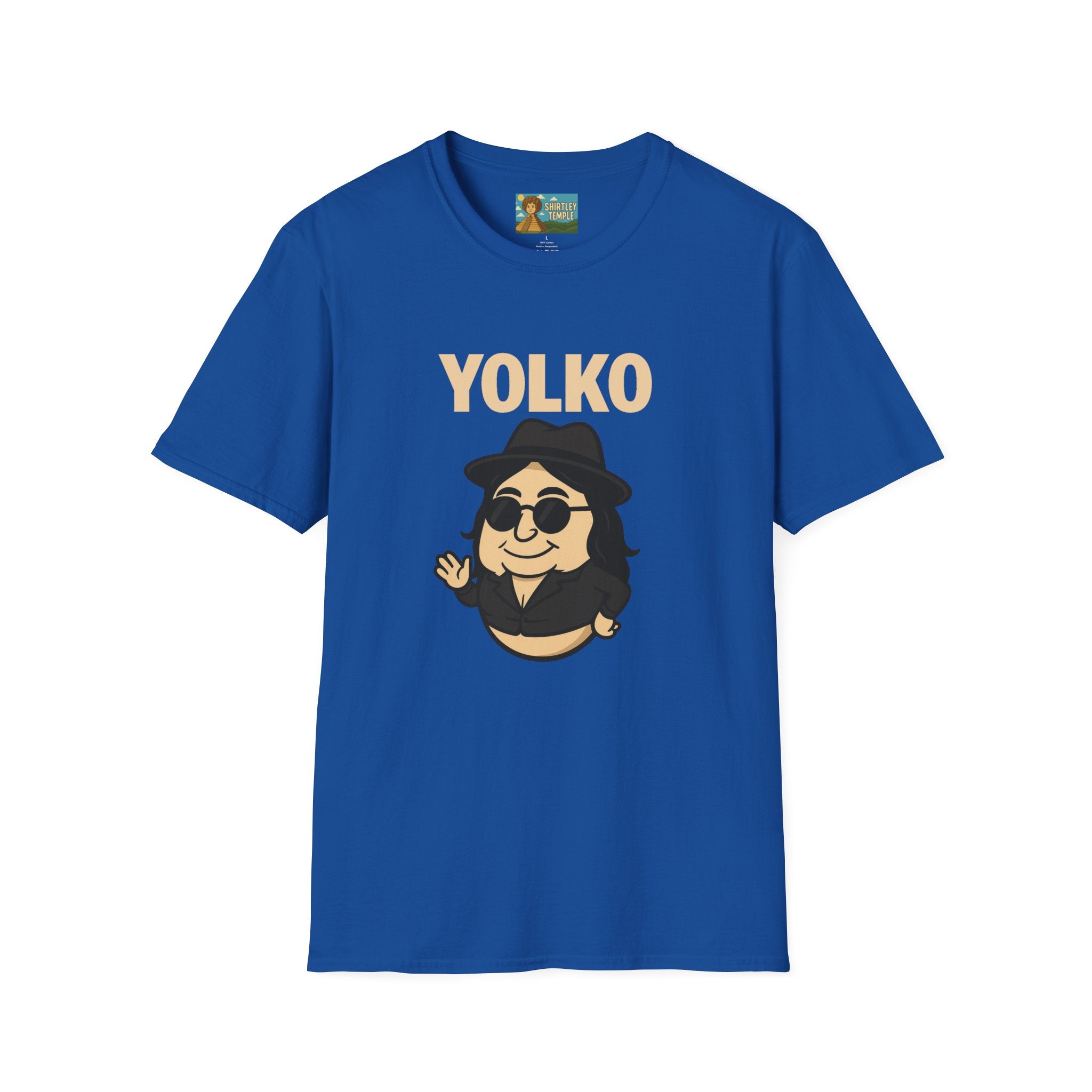 Yolko Funny Parody Unisex Softstyle T-Shirt, Egg Wordplay Tee, Humorous Yoko Tribute Shirt, Novelty Graphic Top, Comical Musician Fan Gift