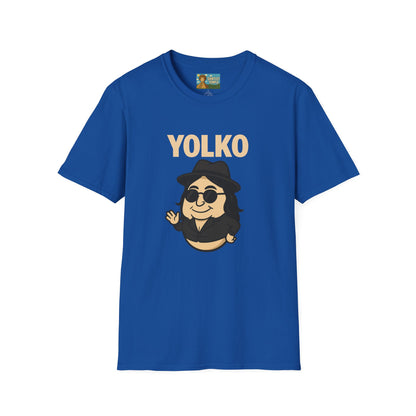 Yolko Funny Parody Unisex Softstyle T-Shirt, Egg Wordplay Tee, Humorous Yoko Tribute Shirt, Novelty Graphic Top, Comical Musician Fan Gift