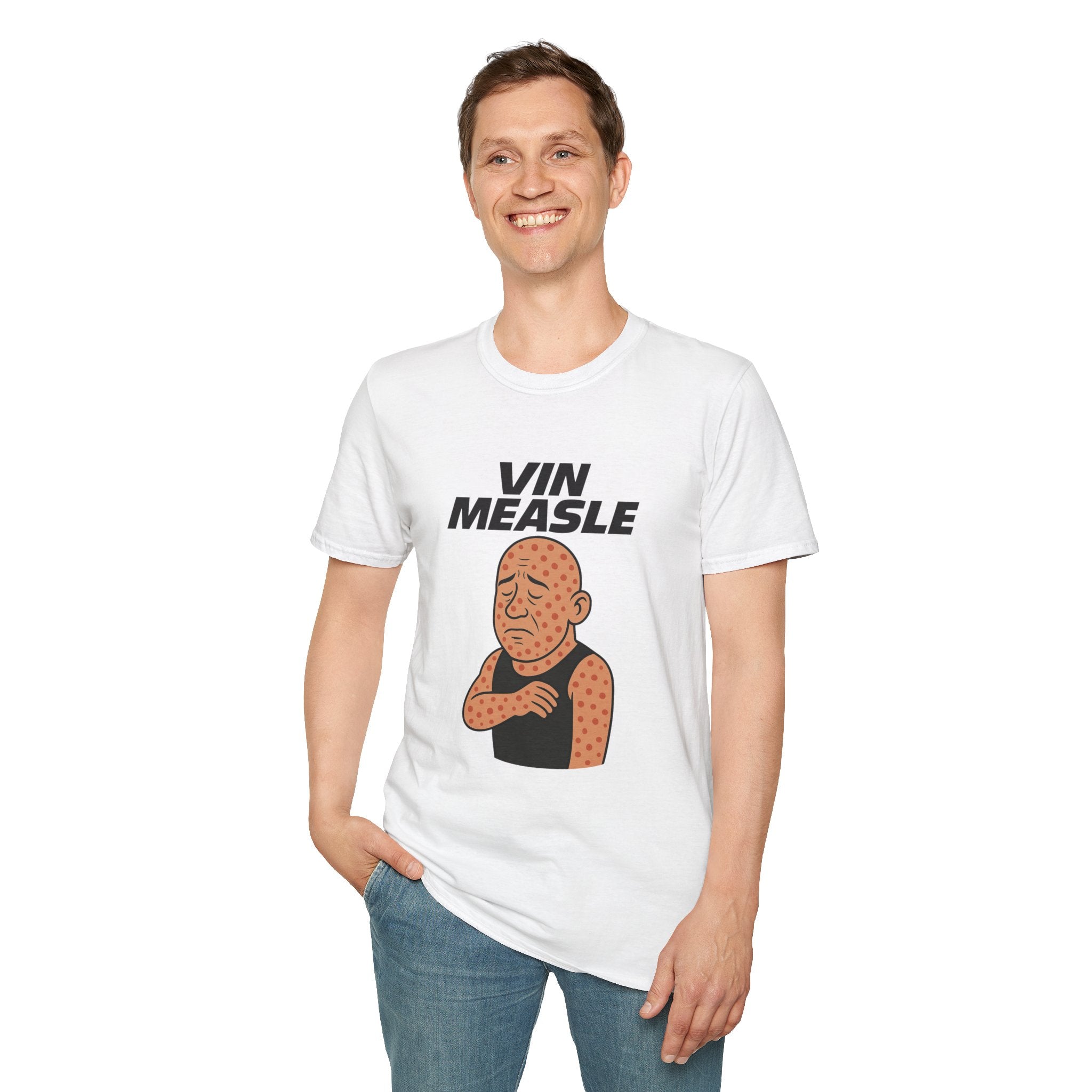 Vin Measle Parody Unisex Softstyle T-Shirt, Actor Measles Wordplay Tee, Humorous Graphic Tee Shirt, Comedy Movie Fan Gift, Lightweight