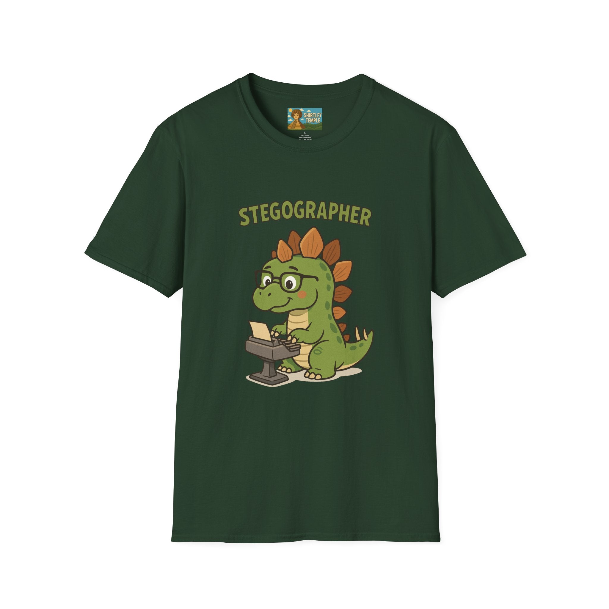 Stegographer Funny Stegosaurus Stenographer Mashup Softstyle Tee, Dino Wordplay Shirt, Unisex Tshirt Gift, Office tee for Dinosaur