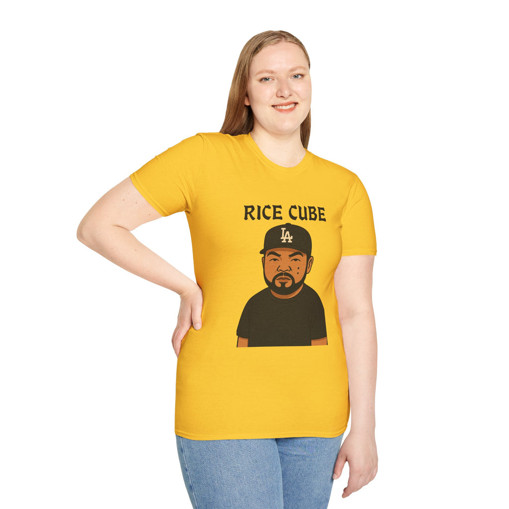 Rice Cube Funny T-Shirt, Ice Cube Asian Parody Shirt, Wordplay Tee, Hip-Hop Music Fan Gift, Unisex Softstyle Top