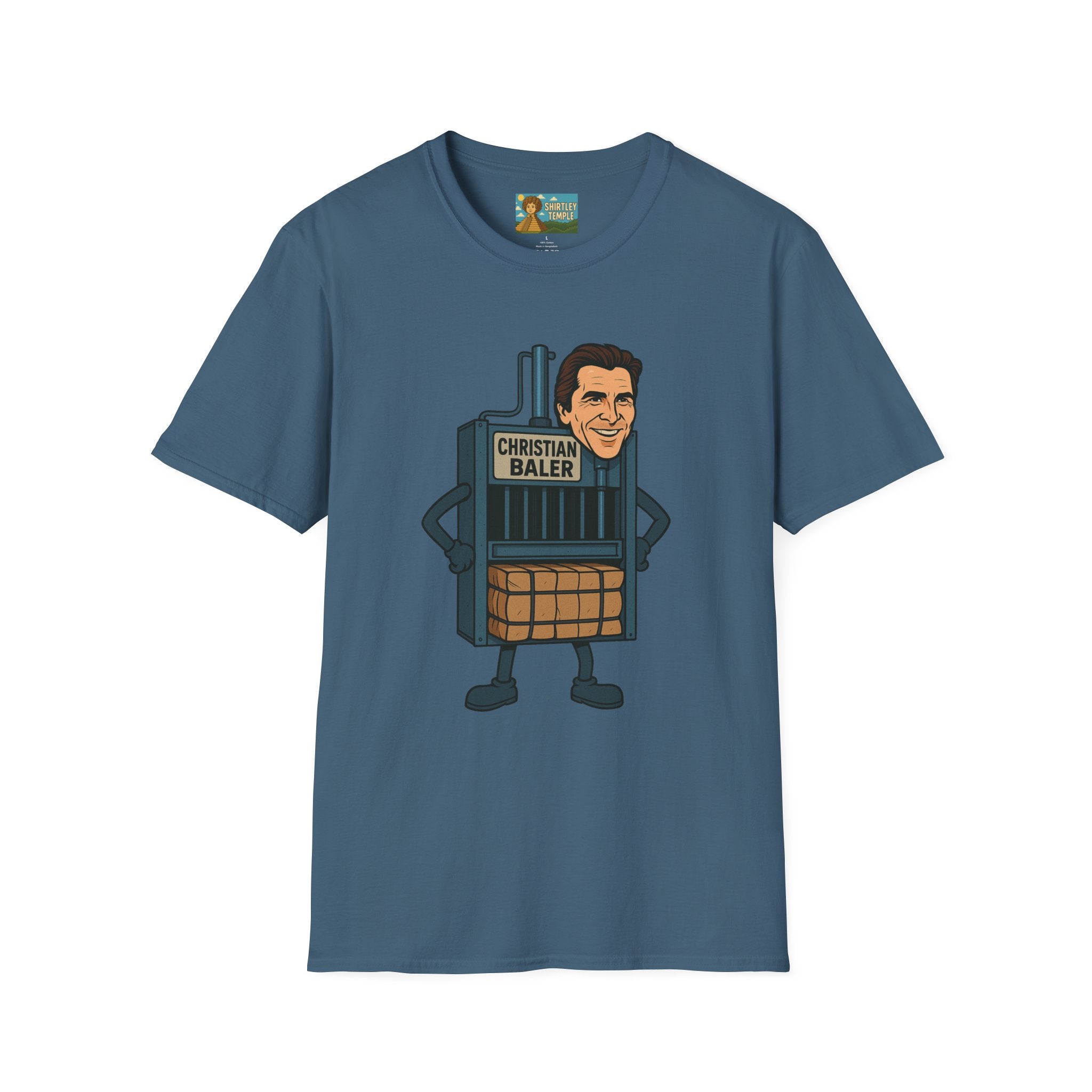 Christian Baler Funny Shirt, Parody Tee, Unisex Softstyle T-Shirt, Comedy Mashup Top, Christian Bale Cardboard Baler Machine, Gift for Movie