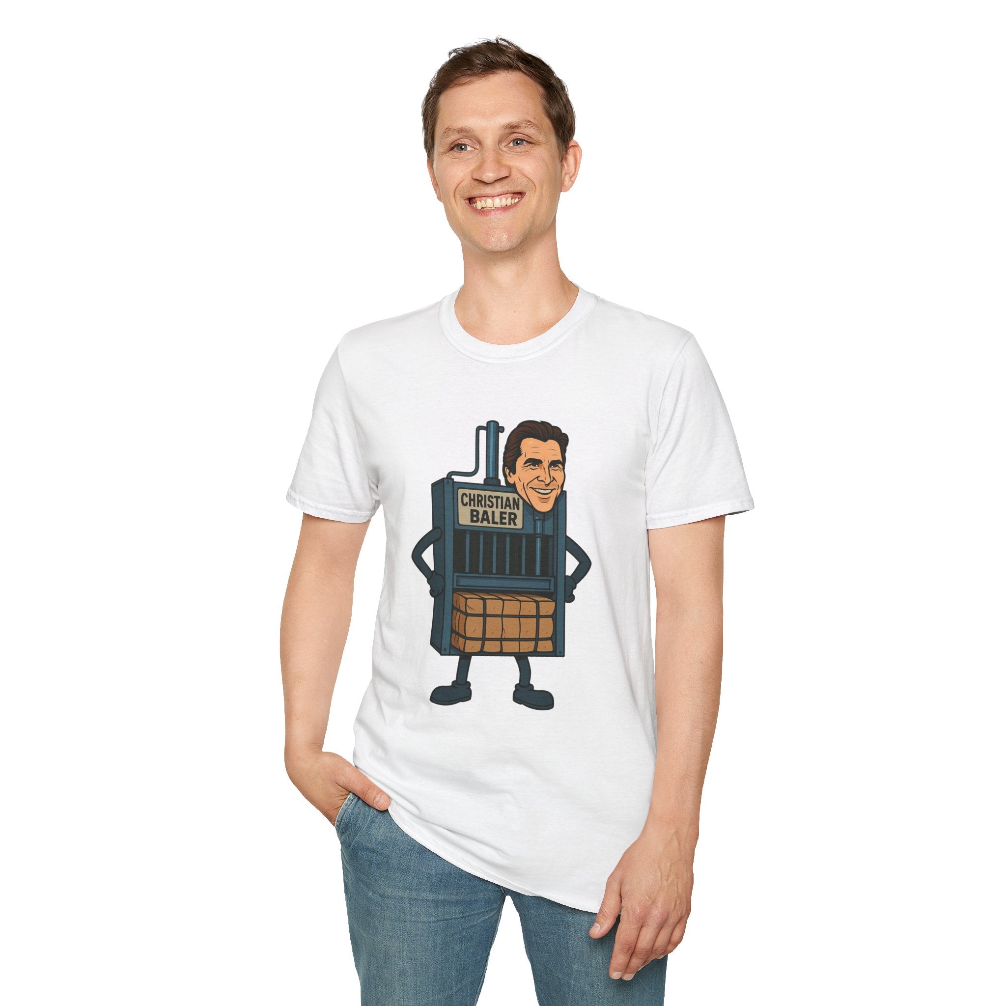 Christian Baler Funny Shirt, Parody Tee, Unisex Softstyle T-Shirt, Comedy Mashup Top, Christian Bale Cardboard Baler Machine, Gift for Movie