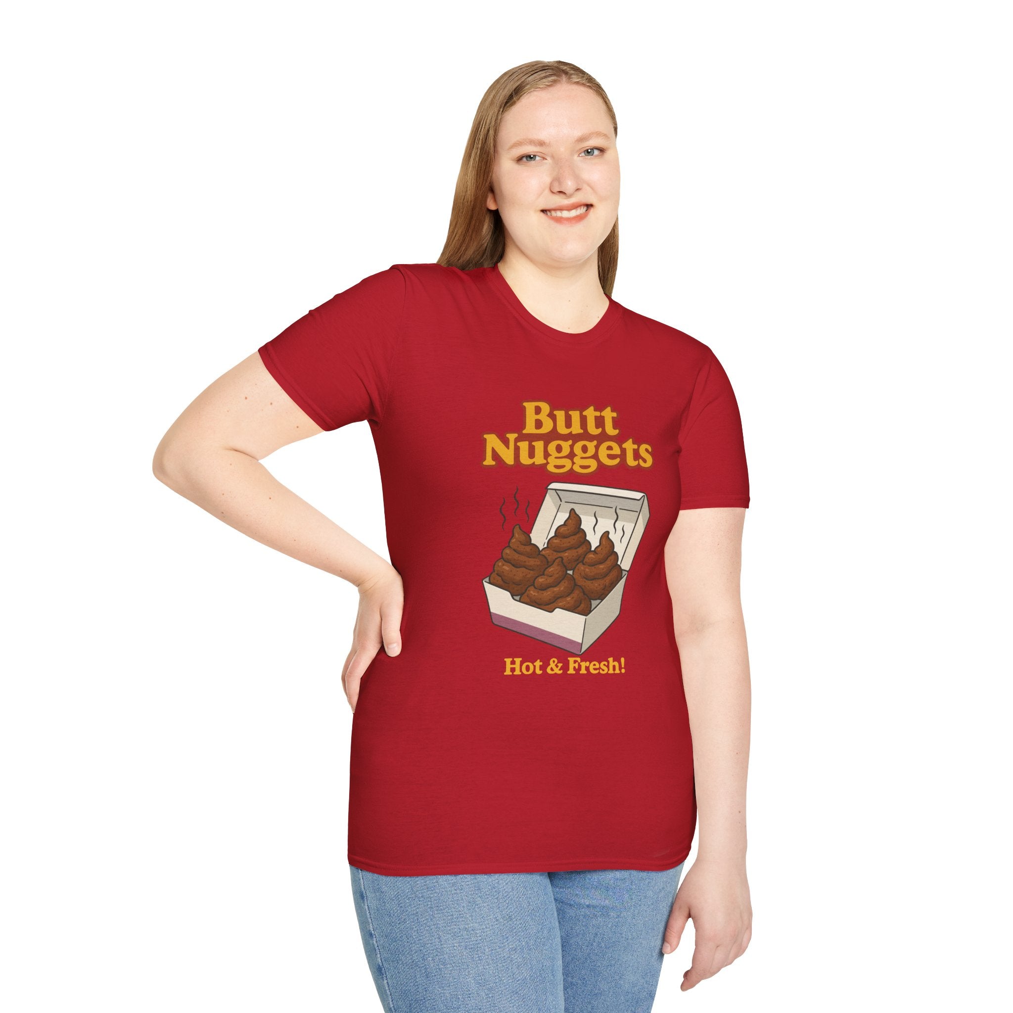 Butt Nuggets Funny Unisex Softstyle T-Shirt, Chicken Poop Pun Tee, Hilarious Wordplay Apparel, Comfy Graphic Shirt, Unisex Shirt for Joke