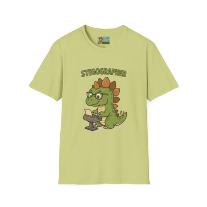 Stegographer Funny Stegosaurus Stenographer Mashup Softstyle Tee, Dino Wordplay Shirt, Unisex Tshirt Gift, Office tee for Dinosaur