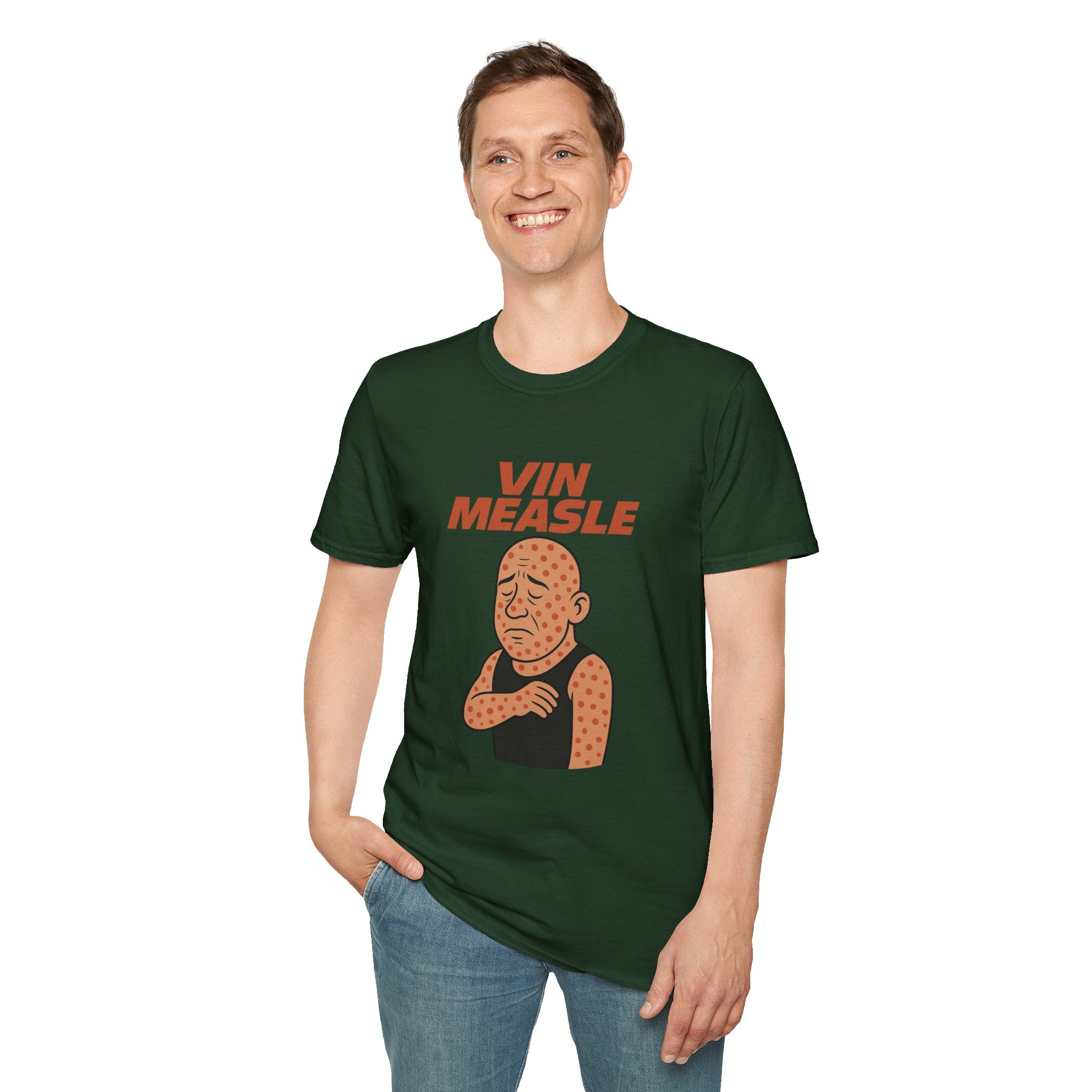 Vin Measle Parody Unisex Softstyle T-Shirt, Actor Measles Wordplay Tee, Humorous Graphic Tee Shirt, Comedy Movie Fan Gift, Lightweight