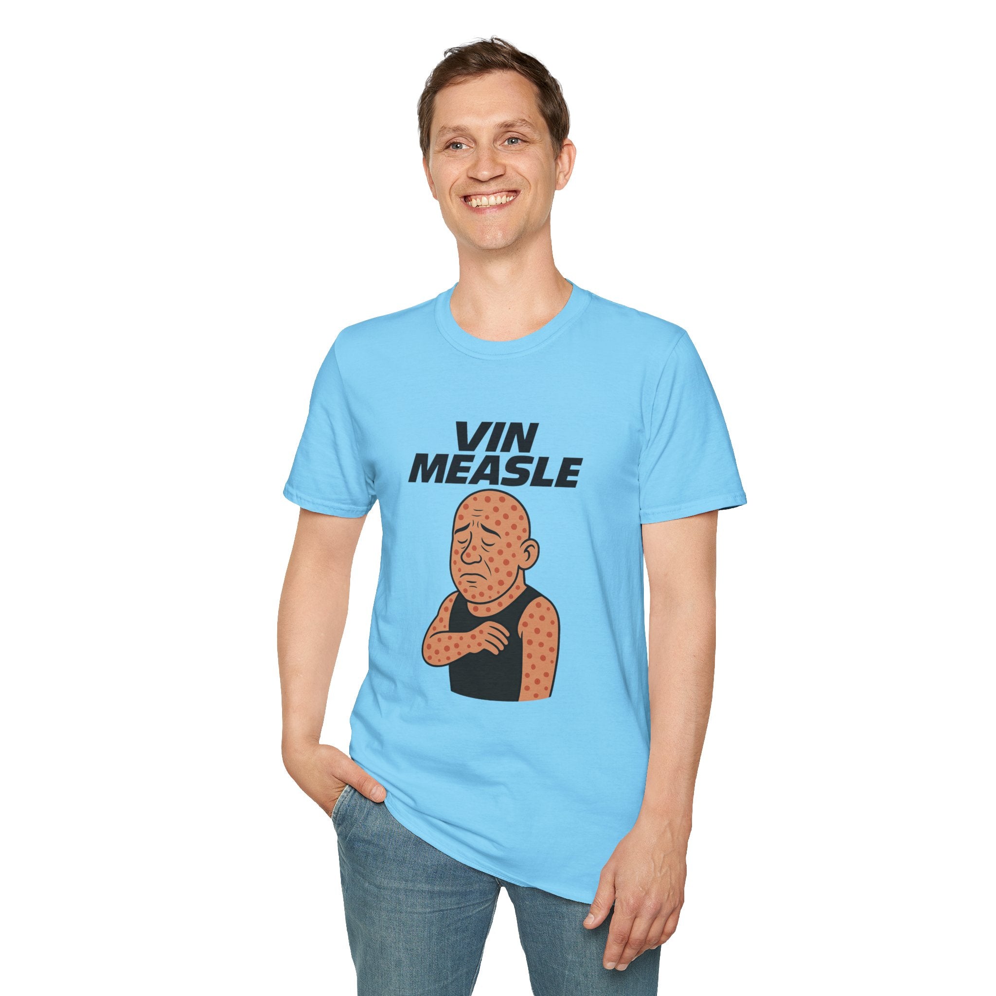 Vin Measle Parody Unisex Softstyle T-Shirt, Actor Measles Wordplay Tee, Humorous Graphic Tee Shirt, Comedy Movie Fan Gift, Lightweight