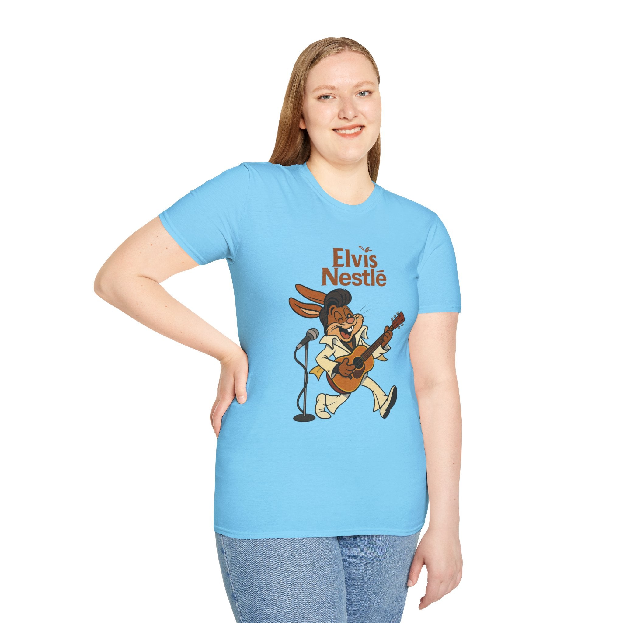 Elvis Nestle Mashup T-Shirt, Rock and Roll Rabbit Funny Tribute Tee, Musician Food Mascot Parody Shirt