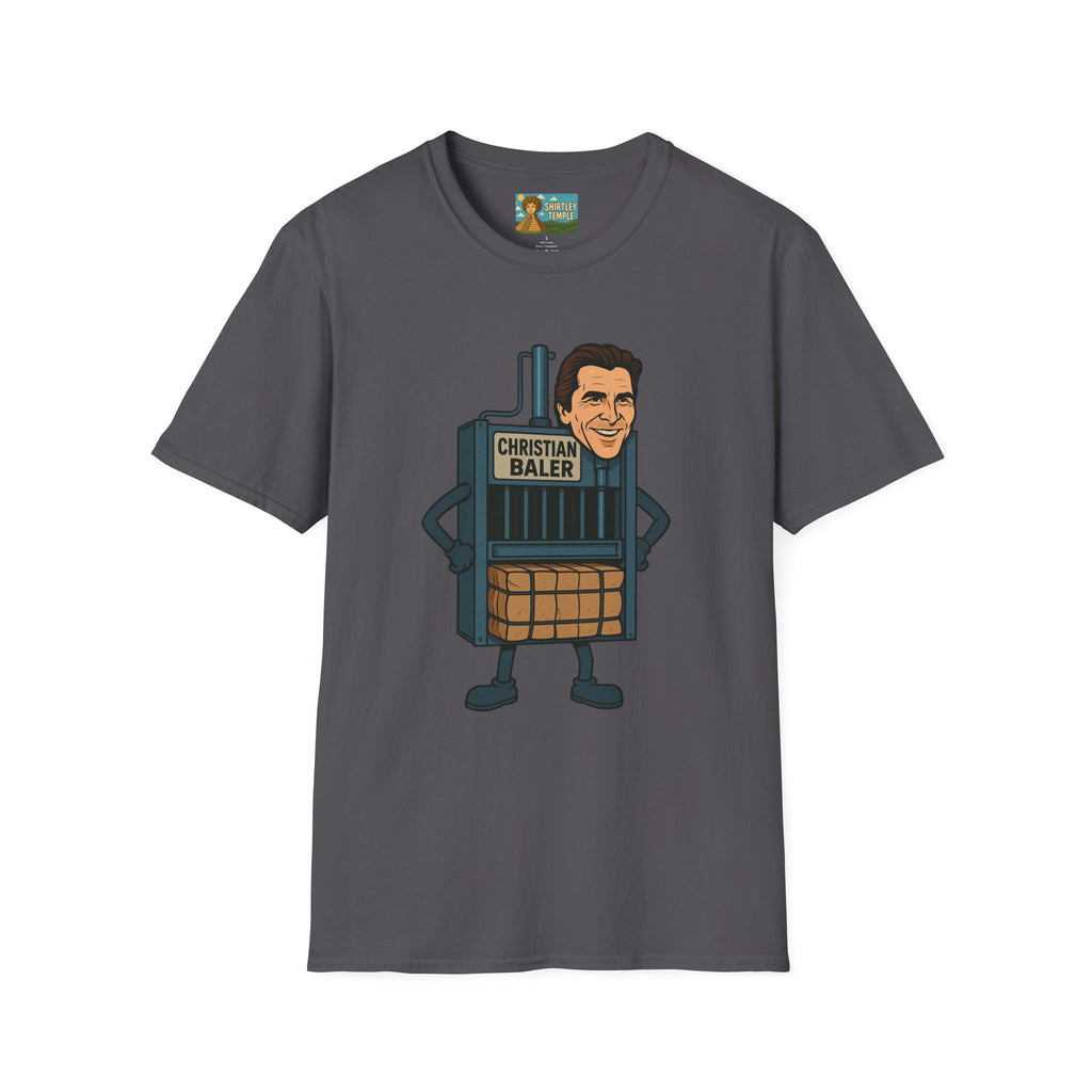 Christian Baler Funny Shirt, Parody Tee, Unisex Softstyle T-Shirt, Comedy Mashup Top, Christian Bale Cardboard Baler Machine, Gift for Movie