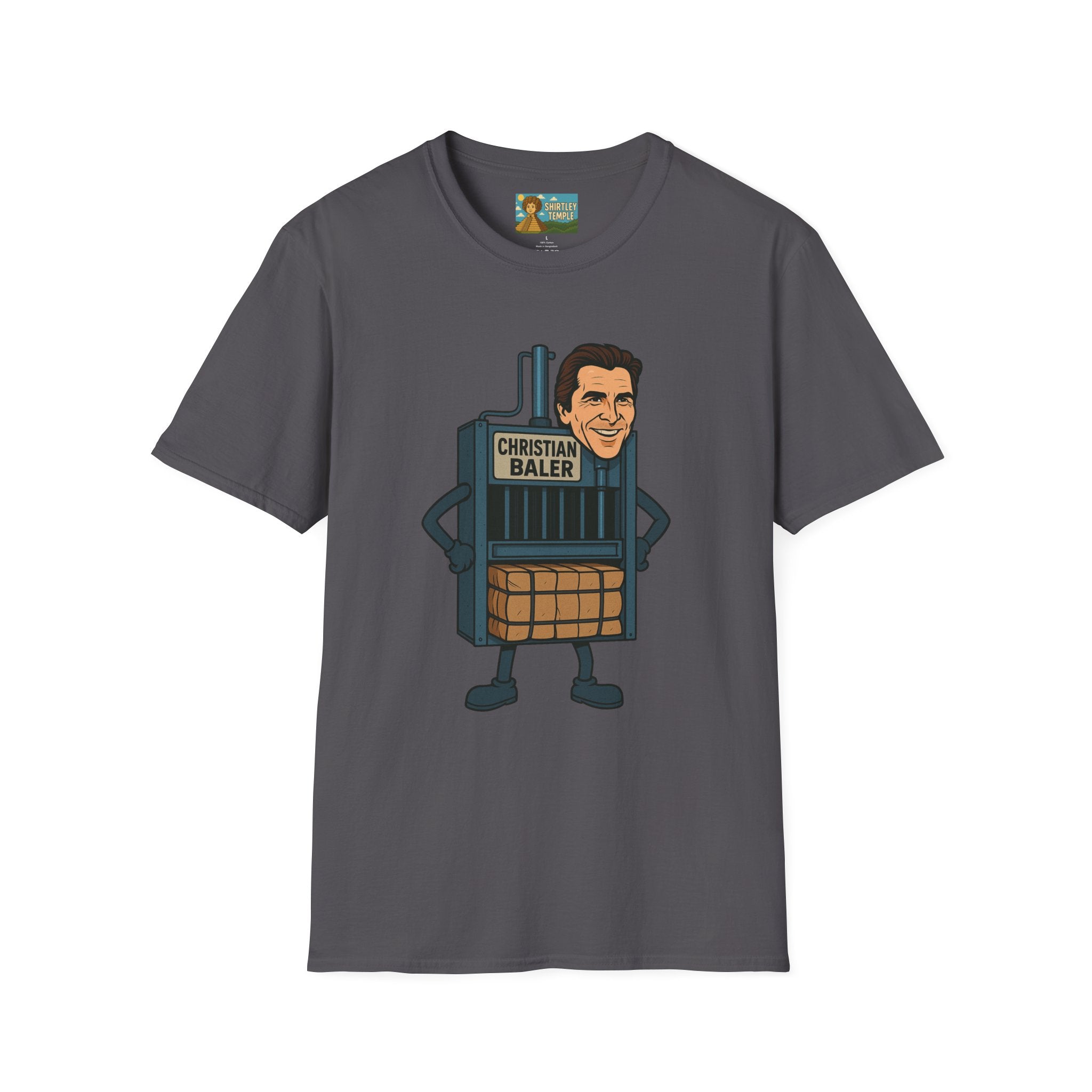 Christian Baler Funny Shirt, Parody Tee, Unisex Softstyle T-Shirt, Comedy Mashup Top, Christian Bale Cardboard Baler Machine, Gift for Movie