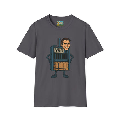 Christian Baler Funny Shirt, Parody Tee, Unisex Softstyle T-Shirt, Comedy Mashup Top, Christian Bale Cardboard Baler Machine, Gift for Movie