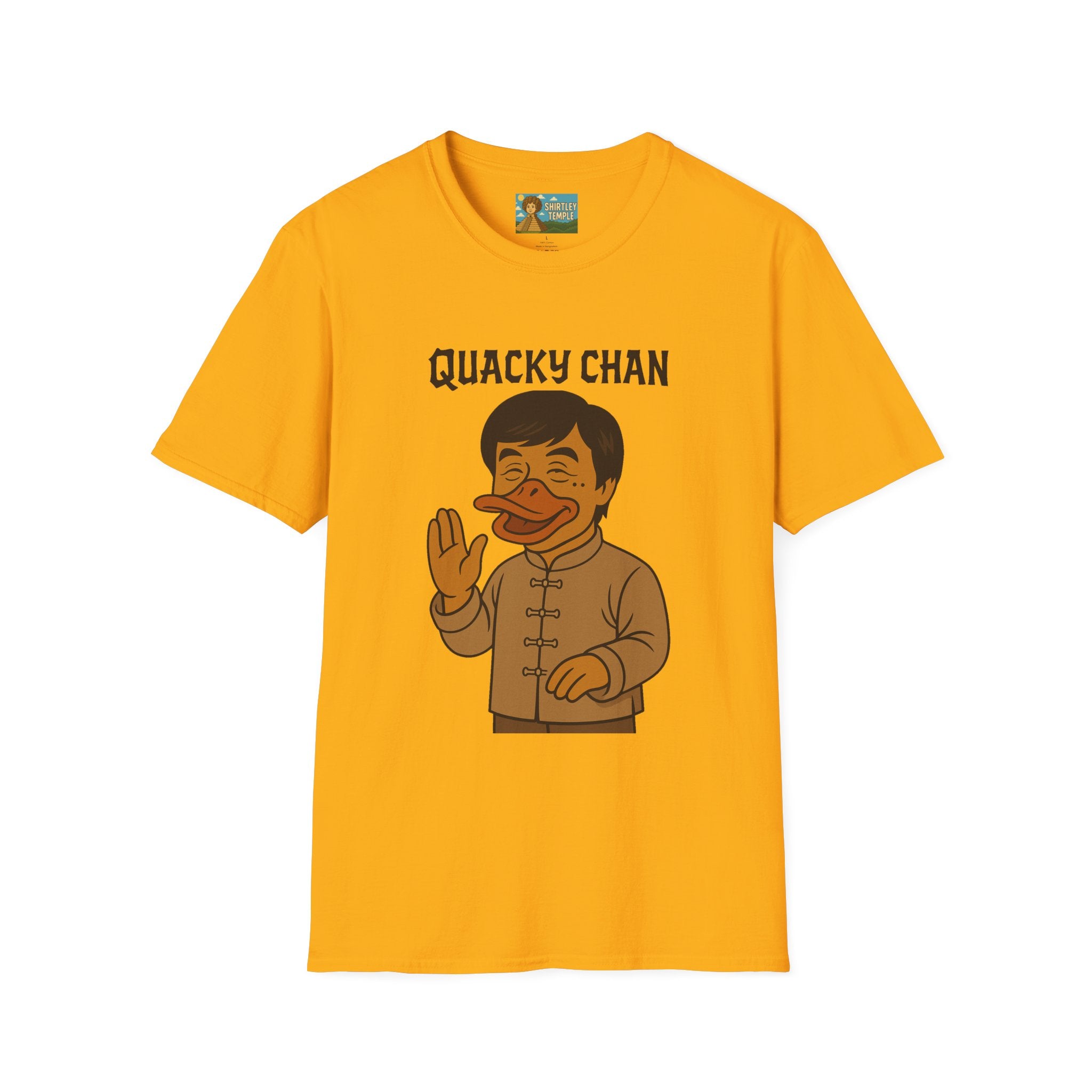 Quacky Chan Funny T-Shirt, Jackie Chan Duck Mashup Tee, Martial Arts Quack Movie Star Shirt, Comedy Parody Apparel, Unisex Softstyle Top