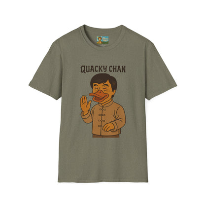 Quacky Chan Funny T-Shirt, Jackie Chan Duck Mashup Tee, Martial Arts Quack Movie Star Shirt, Comedy Parody Apparel, Unisex Softstyle Top