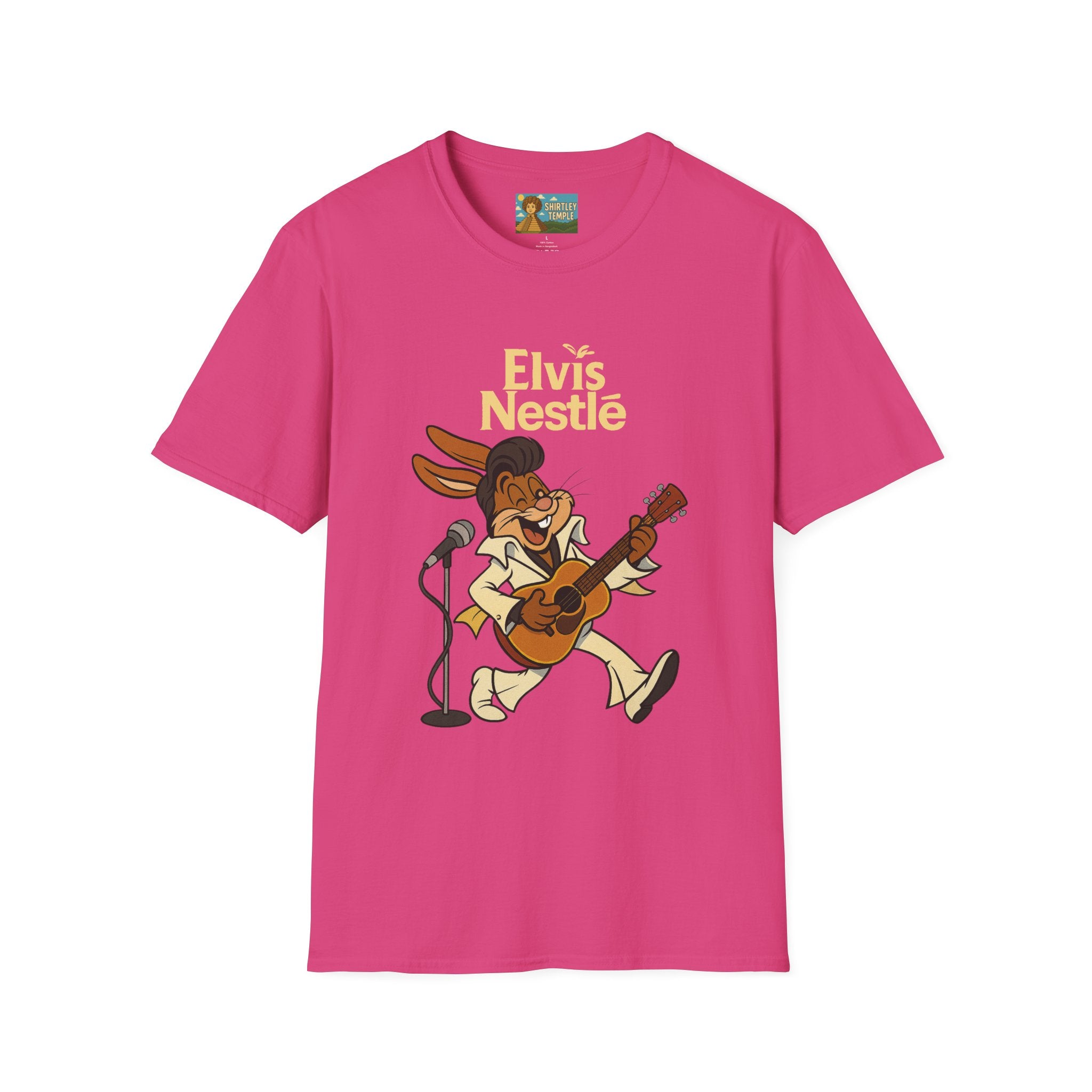 Elvis Nestle Mashup T-Shirt, Rock and Roll Rabbit Funny Tribute Tee, Musician Food Mascot Parody Shirt