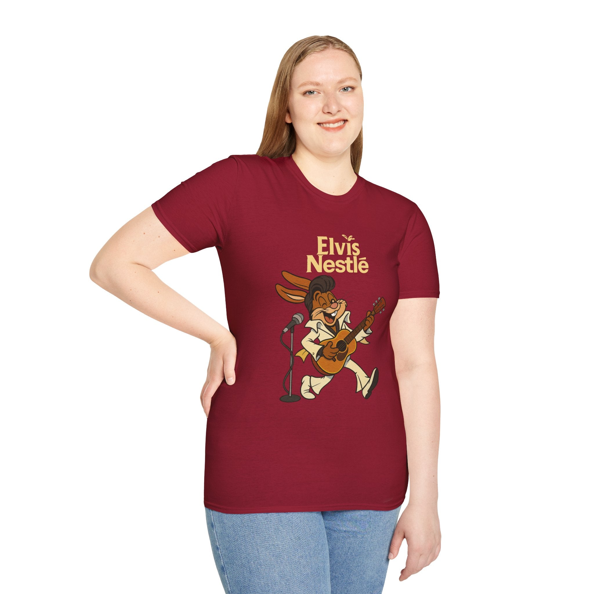Elvis Nestle Mashup T-Shirt, Rock and Roll Rabbit Funny Tribute Tee, Musician Food Mascot Parody Shirt