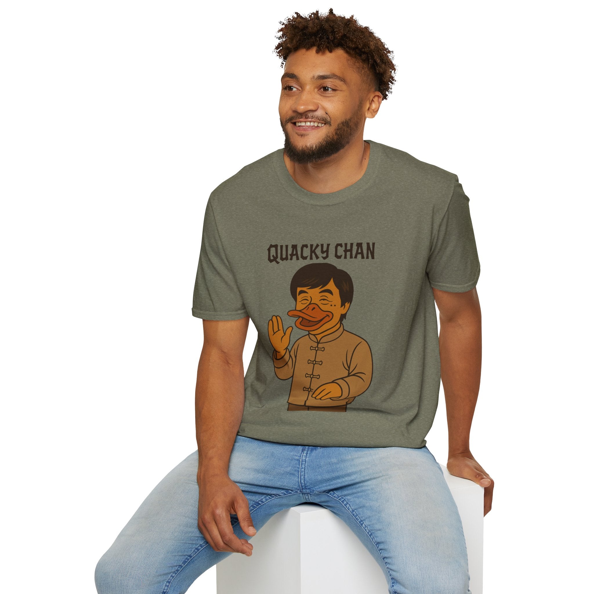 Quacky Chan Funny T-Shirt, Jackie Chan Duck Mashup Tee, Martial Arts Quack Movie Star Shirt, Comedy Parody Apparel, Unisex Softstyle Top