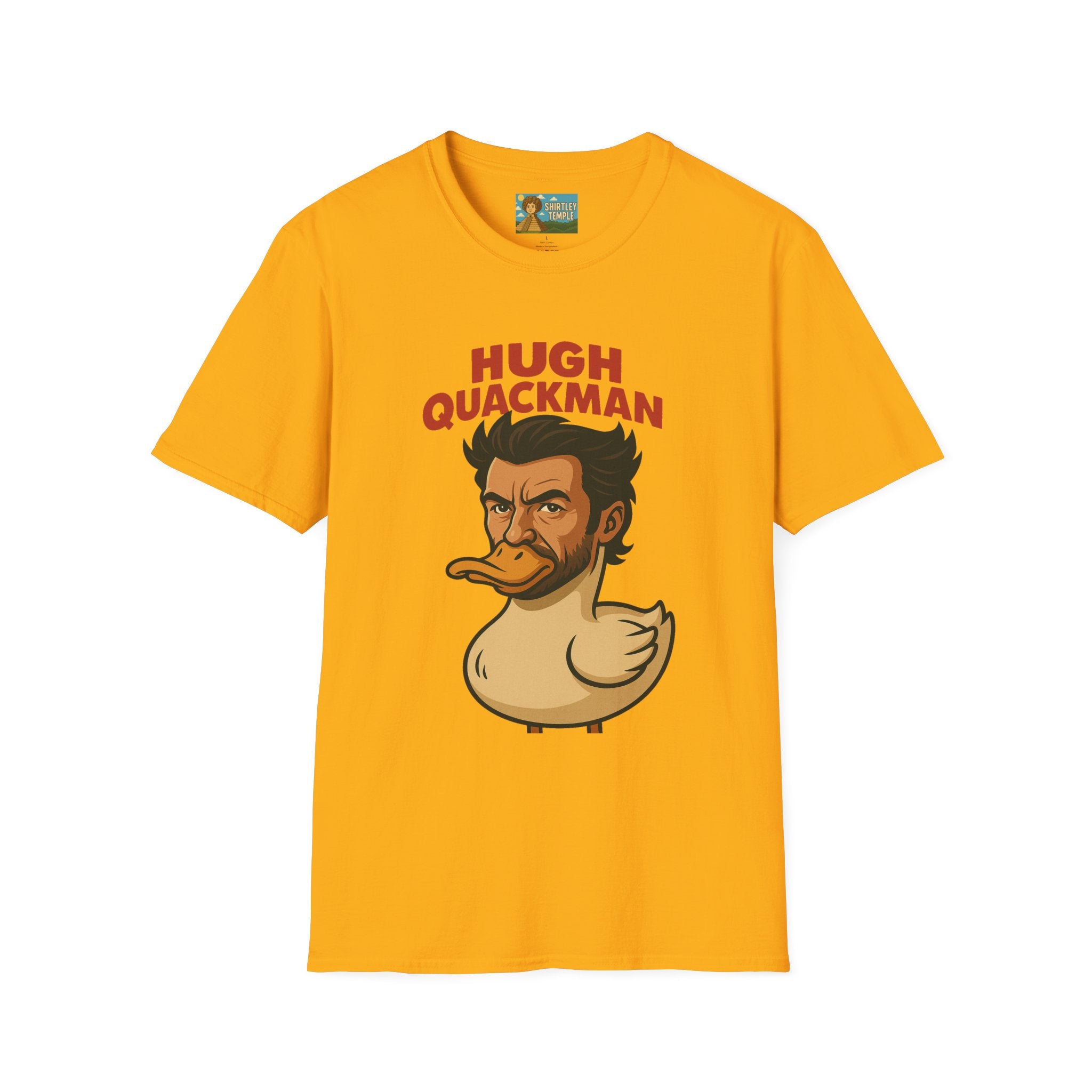 Hugh Quackman Funny Shirt, Parody Apparel, Hugh Jackman Duck Tee, Comedy Tribute, Wordplay Mashup, Unisex Softstyle T-Shirt