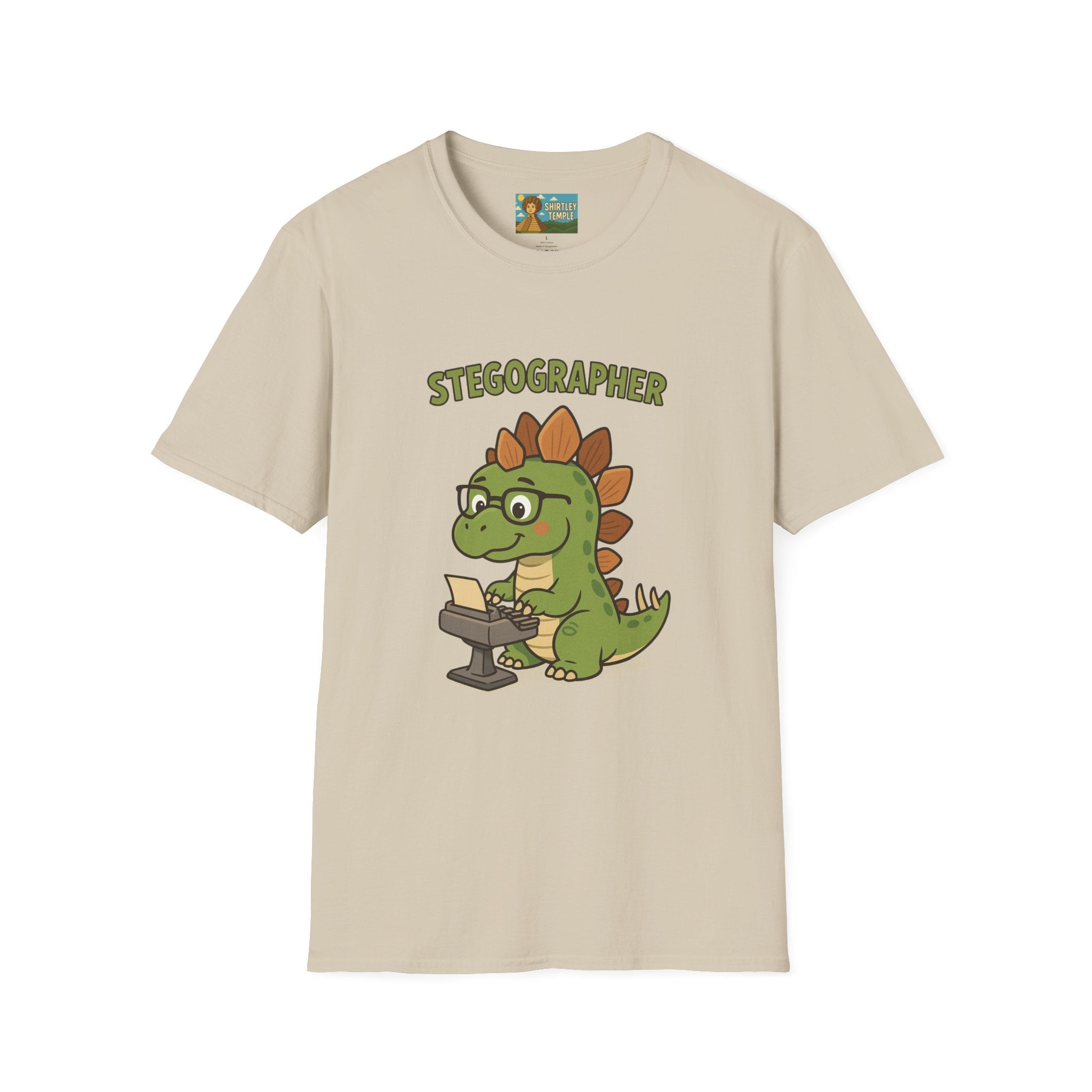 Stegographer Funny Stegosaurus Stenographer Mashup Softstyle Tee, Dino Wordplay Shirt, Unisex Tshirt Gift, Office tee for Dinosaur