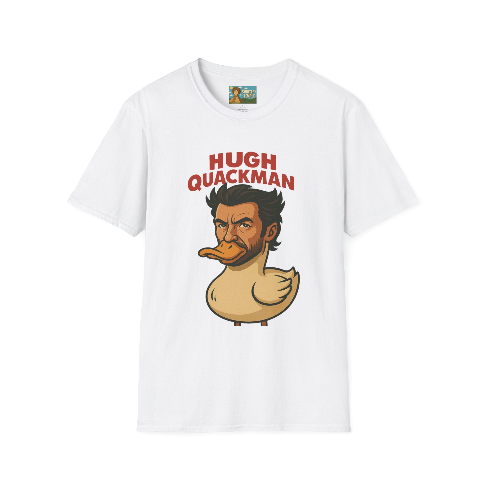 Hugh Quackman Funny Shirt, Parody Apparel, Hugh Jackman Duck Tee, Comedy Tribute, Wordplay Mashup, Unisex Softstyle T-Shirt