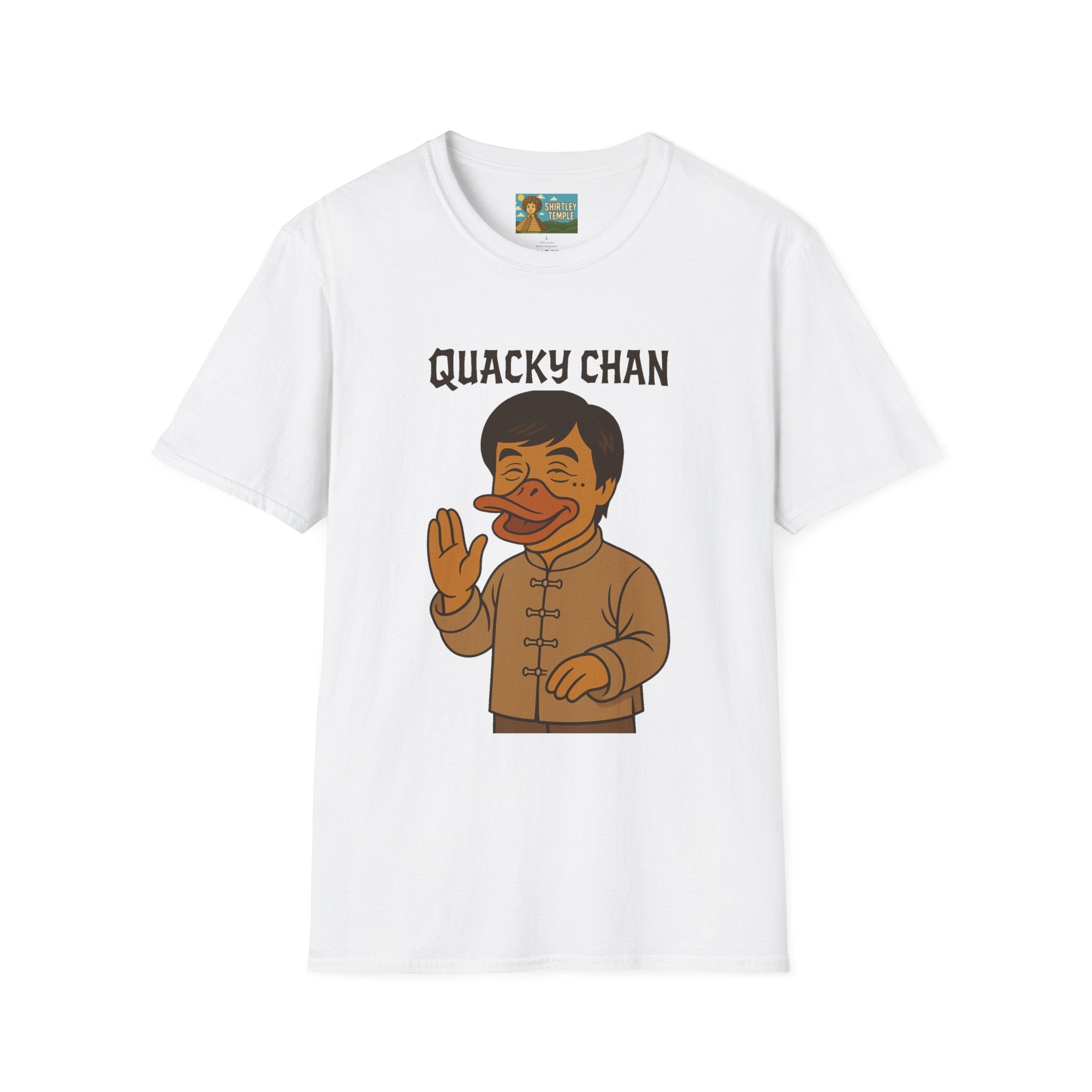 Quacky Chan Funny T-Shirt, Jackie Chan Duck Mashup Tee, Martial Arts Quack Movie Star Shirt, Comedy Parody Apparel, Unisex Softstyle Top
