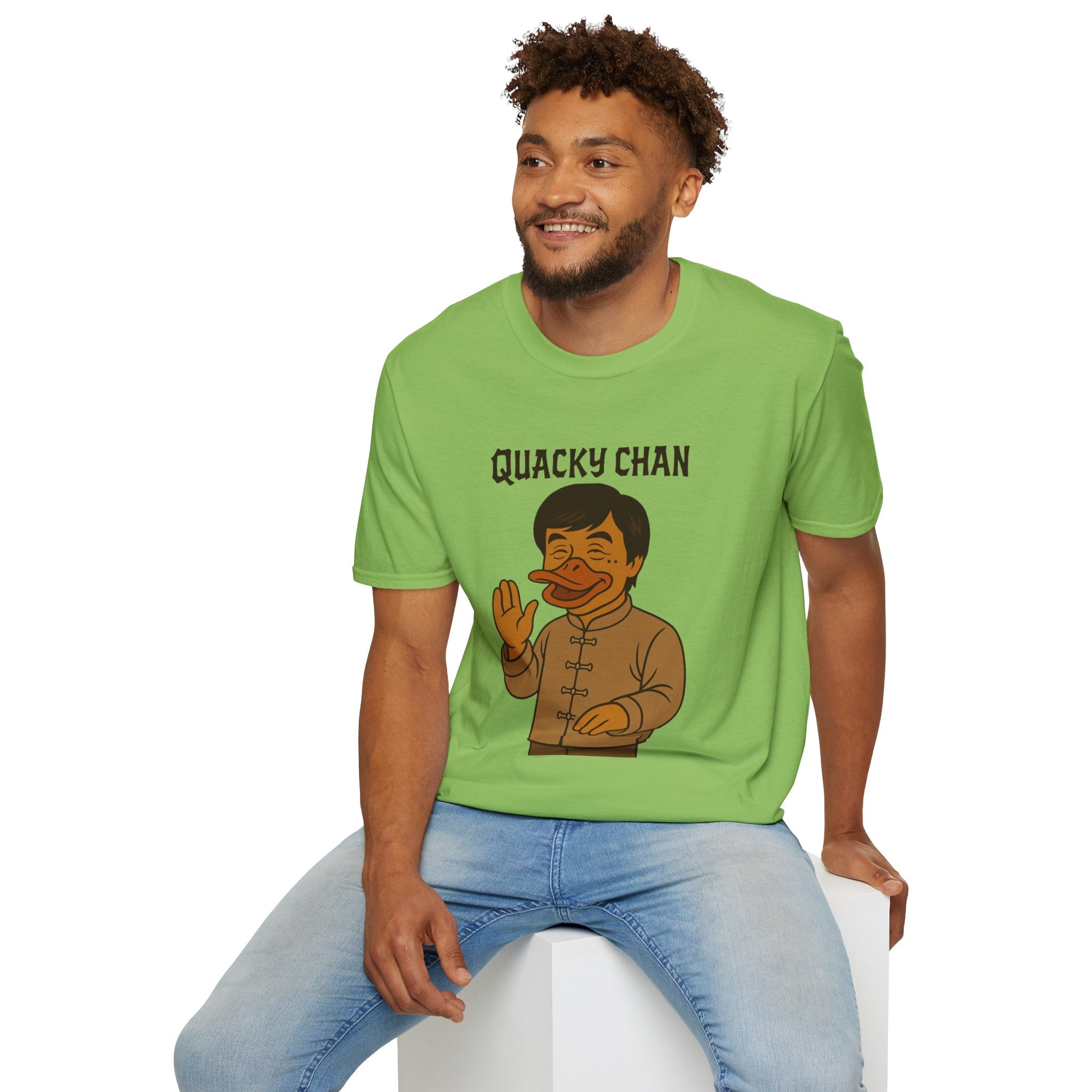 Quacky Chan Funny T-Shirt, Jackie Chan Duck Mashup Tee, Martial Arts Quack Movie Star Shirt, Comedy Parody Apparel, Unisex Softstyle Top