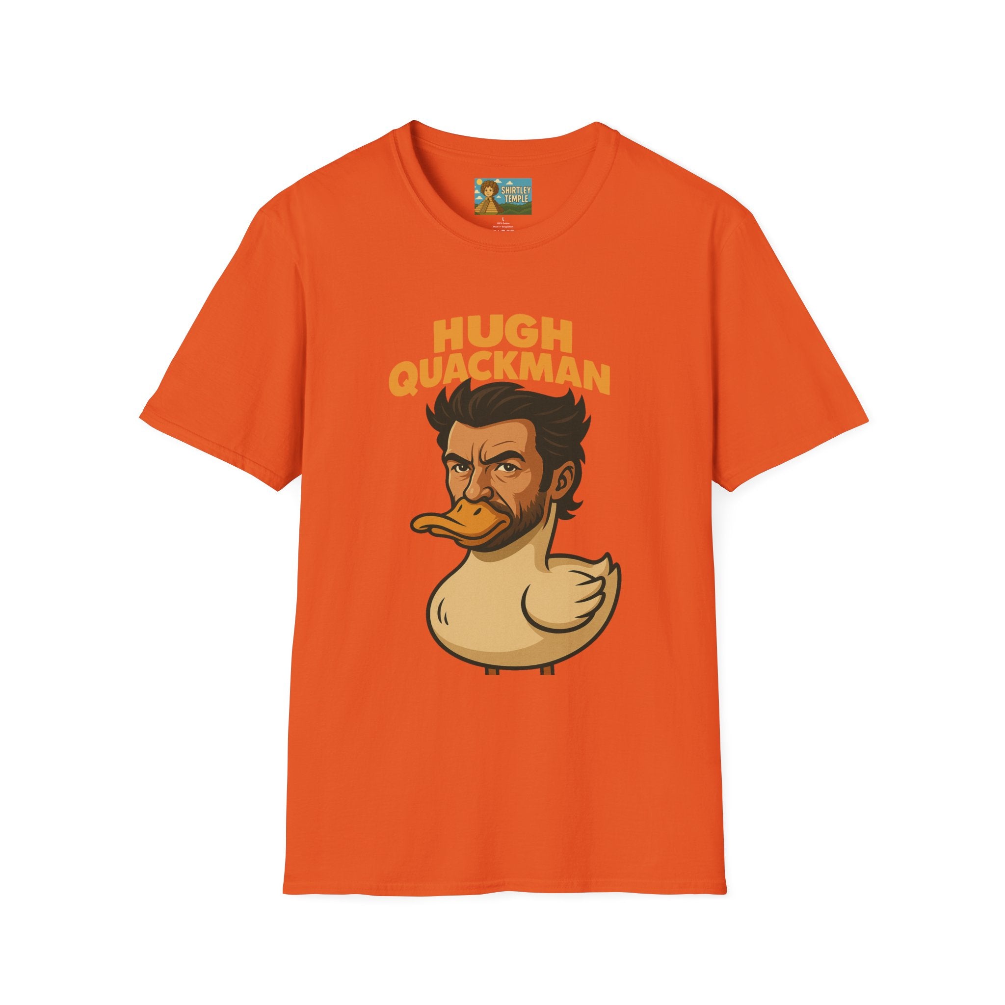 Hugh Quackman Funny Shirt, Parody Apparel, Hugh Jackman Duck Tee, Comedy Tribute, Wordplay Mashup, Unisex Softstyle T-Shirt