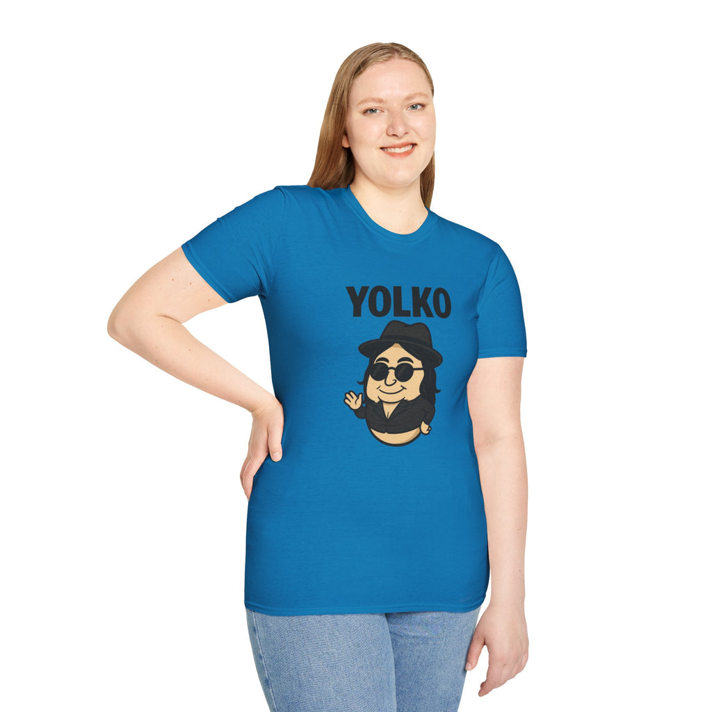 Yolko Funny Parody Unisex Softstyle T-Shirt, Egg Wordplay Tee, Humorous Yoko Tribute Shirt, Novelty Graphic Top, Comical Musician Fan Gift