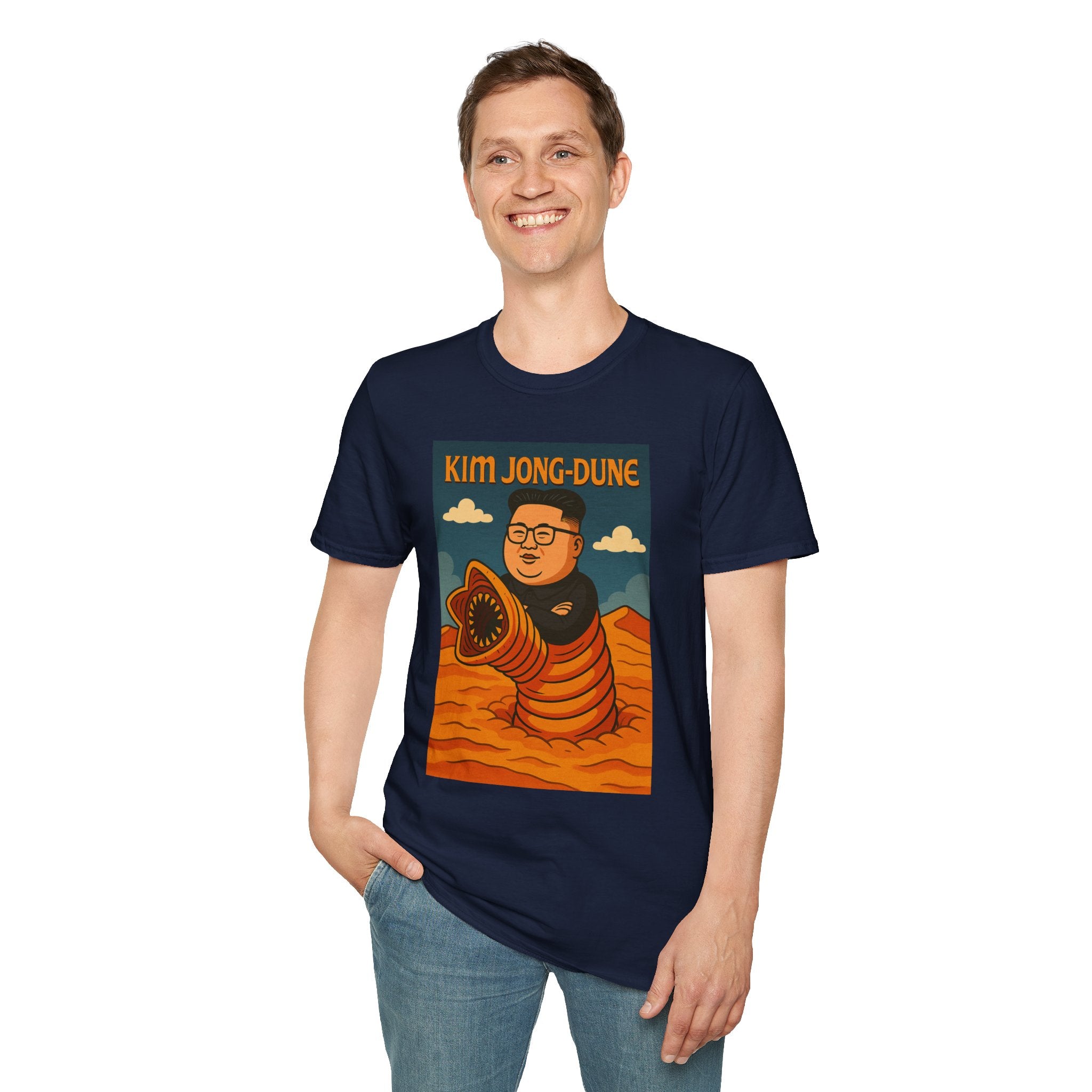Kim Jong-Dune Funny T-Shirt, Mashup Wordplay Shirt, Sandworm Movie Tee, Unisex Softstyle Top, Kim Jong Un Fan, Dune Lover Gift