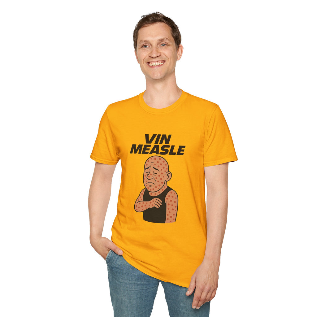 Vin Measle Parody Unisex Softstyle T-Shirt, Actor Measles Wordplay Tee, Humorous Graphic Tee Shirt, Comedy Movie Fan Gift, Lightweight