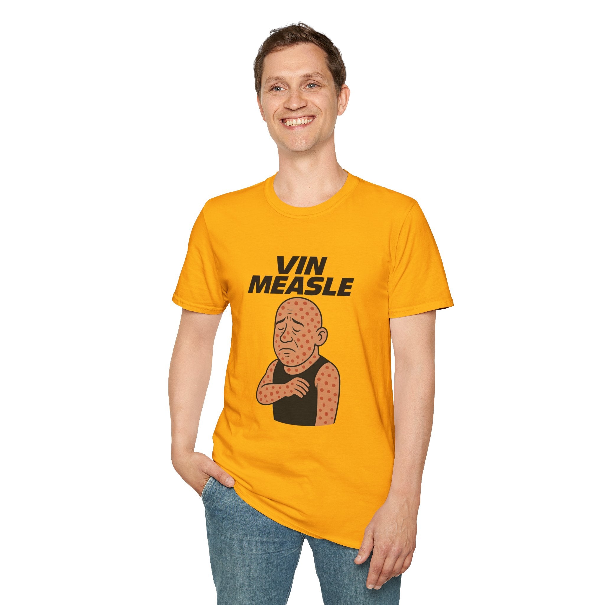 Vin Measle Parody Unisex Softstyle T-Shirt, Actor Measles Wordplay Tee, Humorous Graphic Tee Shirt, Comedy Movie Fan Gift, Lightweight
