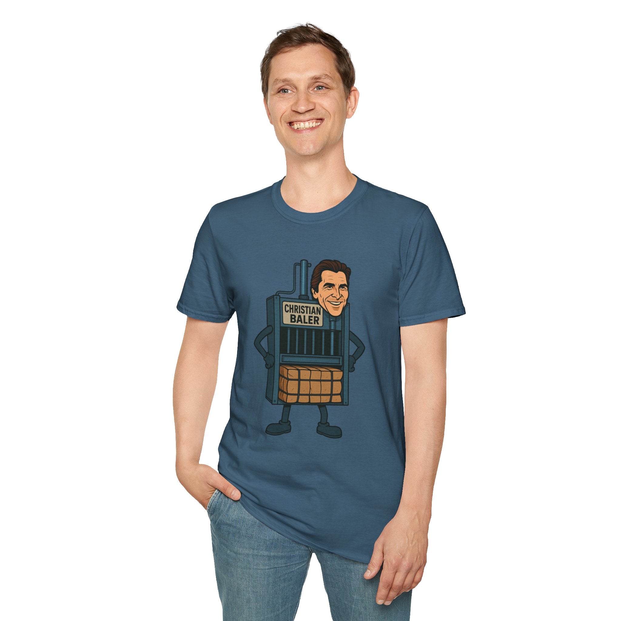 Christian Baler Funny Shirt, Parody Tee, Unisex Softstyle T-Shirt, Comedy Mashup Top, Christian Bale Cardboard Baler Machine, Gift for Movie