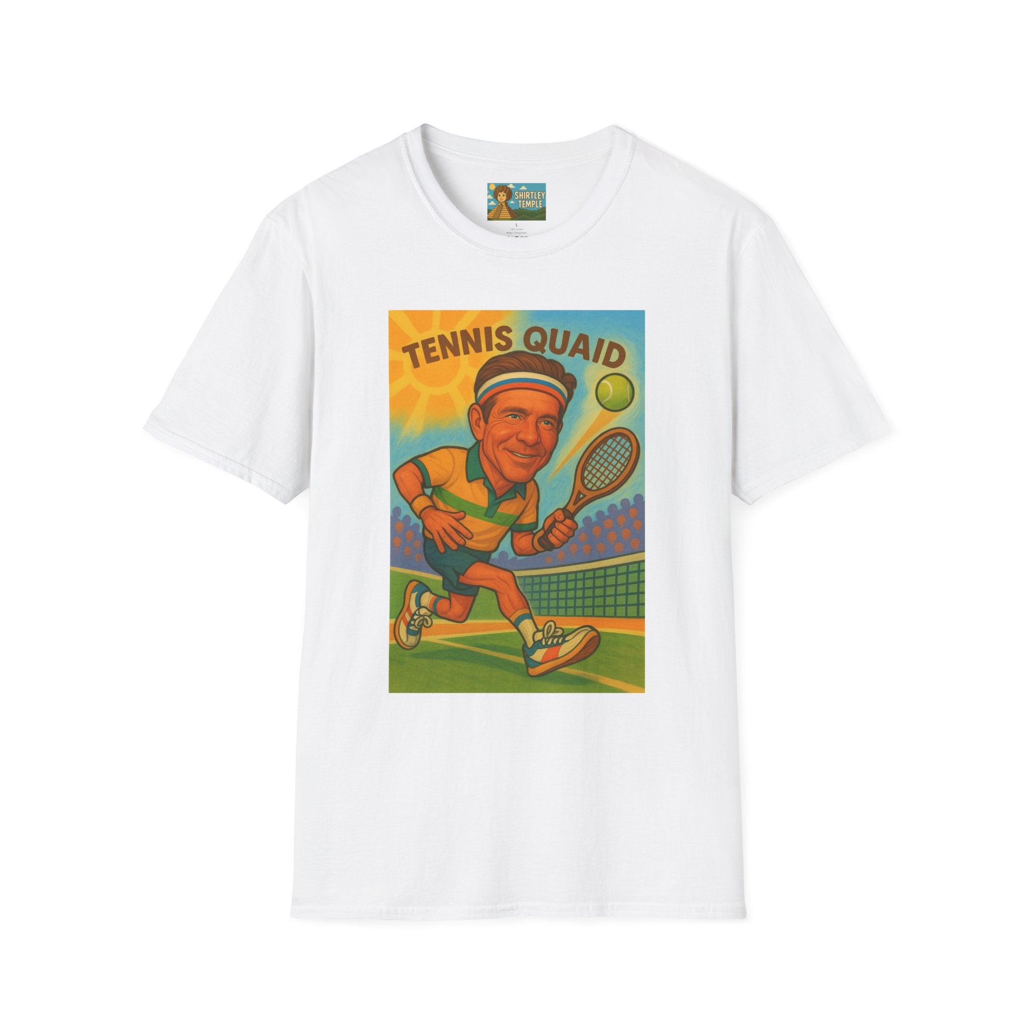 Tennis Quaid Unisex Softstyle T-Shirt, Tennis Player Actor Mashup Tee, Funny Graphic Shirt