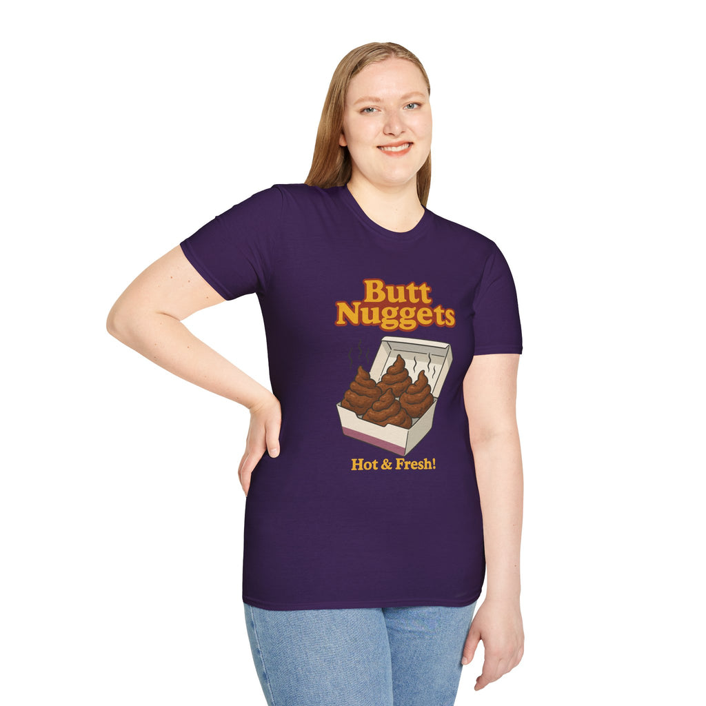 Butt Nuggets Funny Unisex Softstyle T-Shirt, Chicken Poop Pun Tee, Hilarious Wordplay Apparel, Comfy Graphic Shirt, Unisex Shirt for Joke