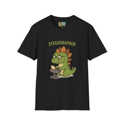 Stegographer Funny Stegosaurus Stenographer Mashup Softstyle Tee, Dino Wordplay Shirt, Unisex Tshirt Gift, Office tee for Dinosaur