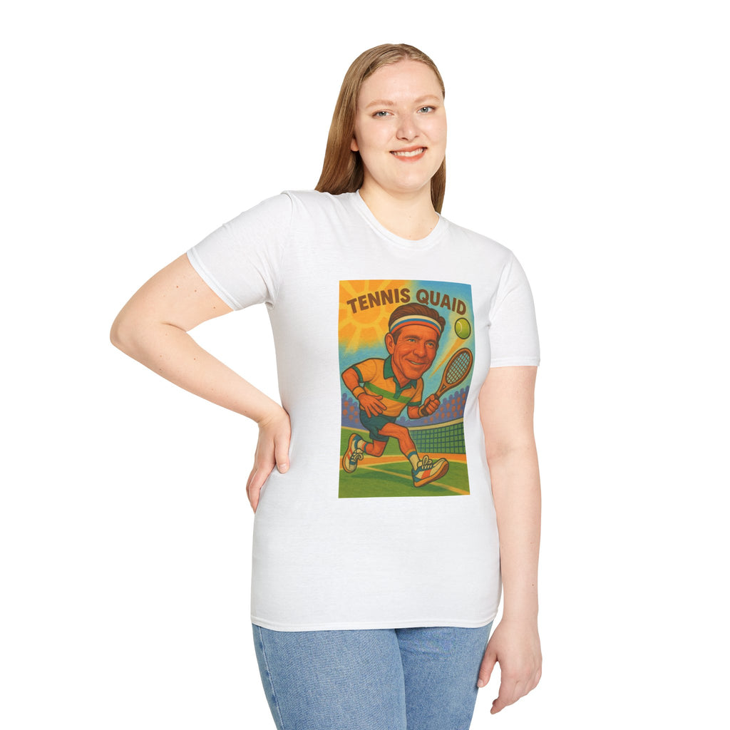 Tennis Quaid Unisex Softstyle T-Shirt, Tennis Player Actor Mashup Tee, Funny Graphic Shirt